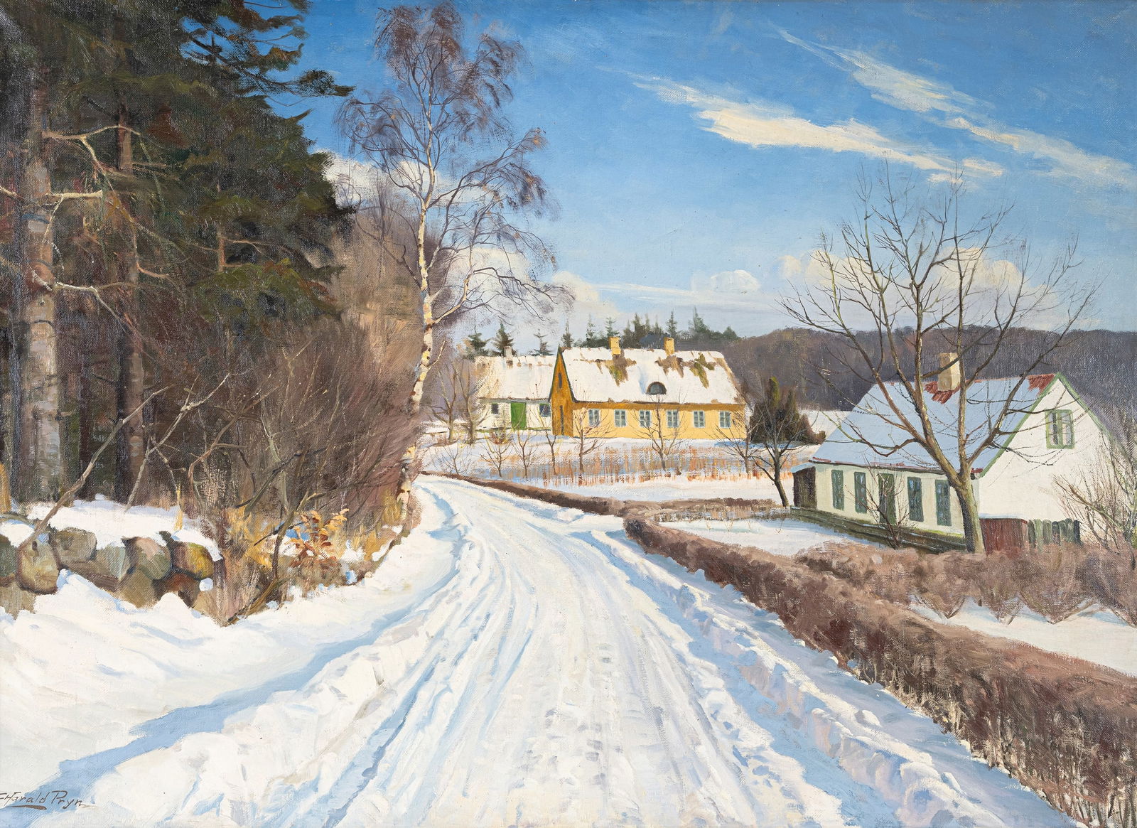 Pryn, Harald Julius Niels: Pryn, Harald Julius Niels 1891 - 1968 70 x 98 cm Street at a village in winter. Oil/canvas, signed.Pryn, Harald Julius Niels 1891 - 1968 70 x 98 cm Winterliche Straße an einem Dorf.