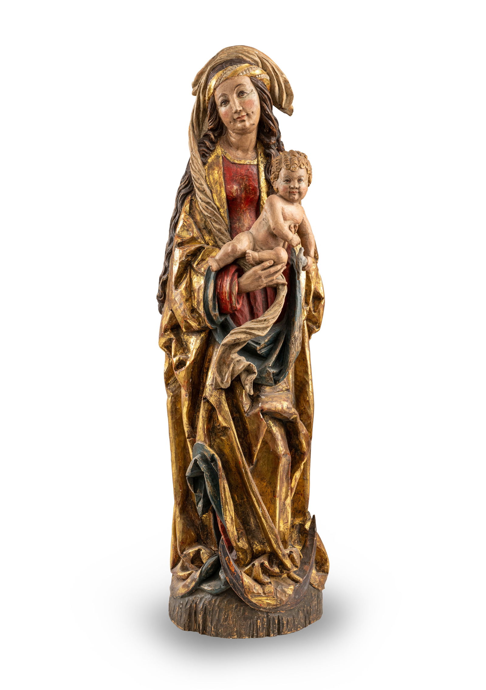 VIRGIN AND CHILD: VIRGIN AND CHILD 20th century H. ca. 115 cm Carved, painted and gilt wood. Of Gothic style. Damages due to age.Madonna mit Kind 20. Jhdt. H. ca. 115 cm Im gotischen Stil. Holz, geschnitzt, gefasst