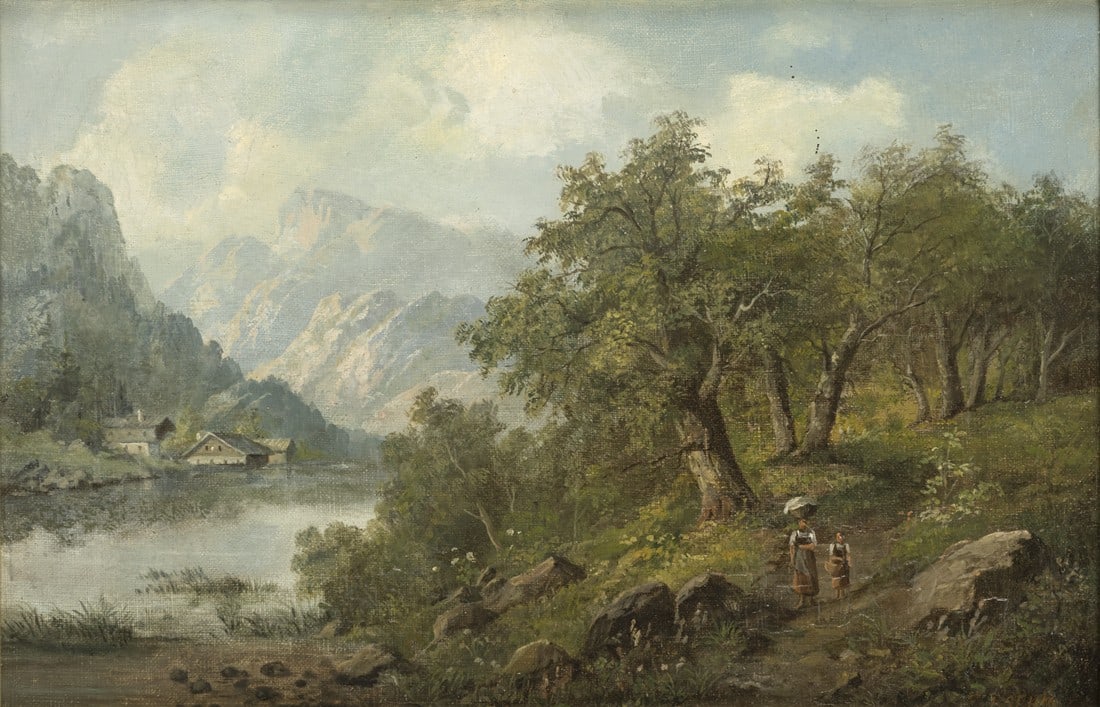 Boehm, Eduard: Boehm, Eduard 1830 - 1890 26 x 38 cm Mountain lake with peasants on a path. Oil/canvas, relined, signed. Slight signs of age, rest.Boehm, Eduard 1830 - 1890 26 x 38 cm Gebirgssee mit Bauern auf einem