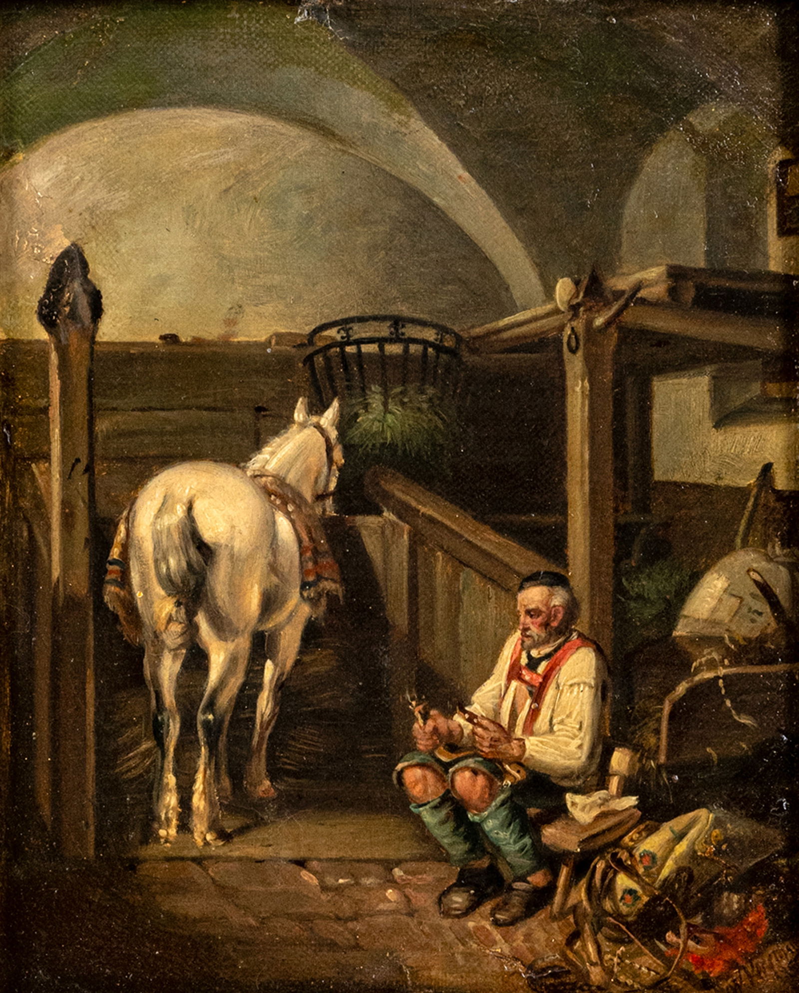 Dutch School (?): Dutch School (?) 19th ct. 20 x 16 cm Stable interior with a resting blacksmith. Oil/panel, inscribed "W. Verschuur" and indistinctly dated. Traces due to age, rest.Niederlande (?) 19. Jhdt. 20 x 16 cm