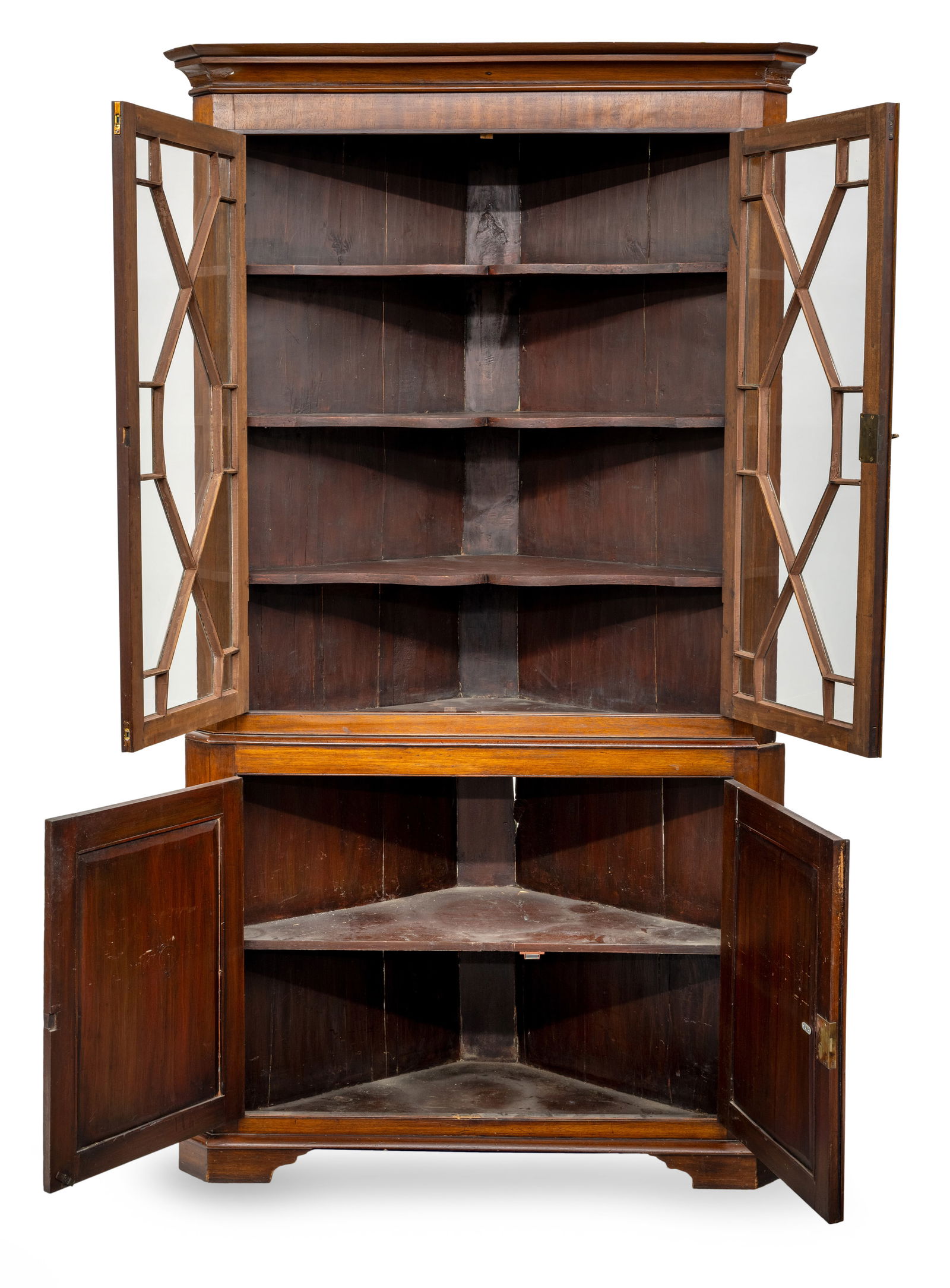 A BRASS MOUNTED MAHOGANY CORNER DISPLAY CUPBOARD - 2