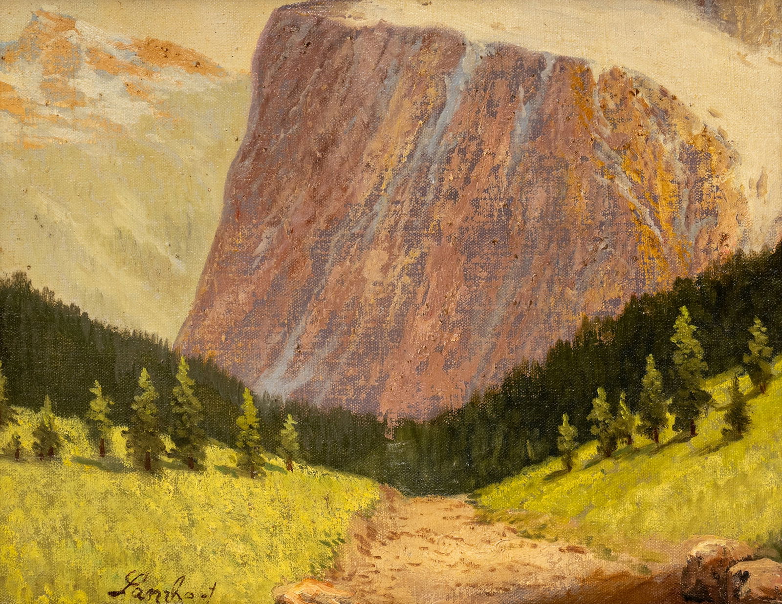 Lanzhoof: Lanzhoof 20th ct. 35 x 45 cm Mountainous landscape. Oil/canvas, signed. Traces due to age.Lanzhoof 20. Jhdt. 35 x 45 cm Gebirgslandschaft. Öl/Lwd., signiert. Alterssp.