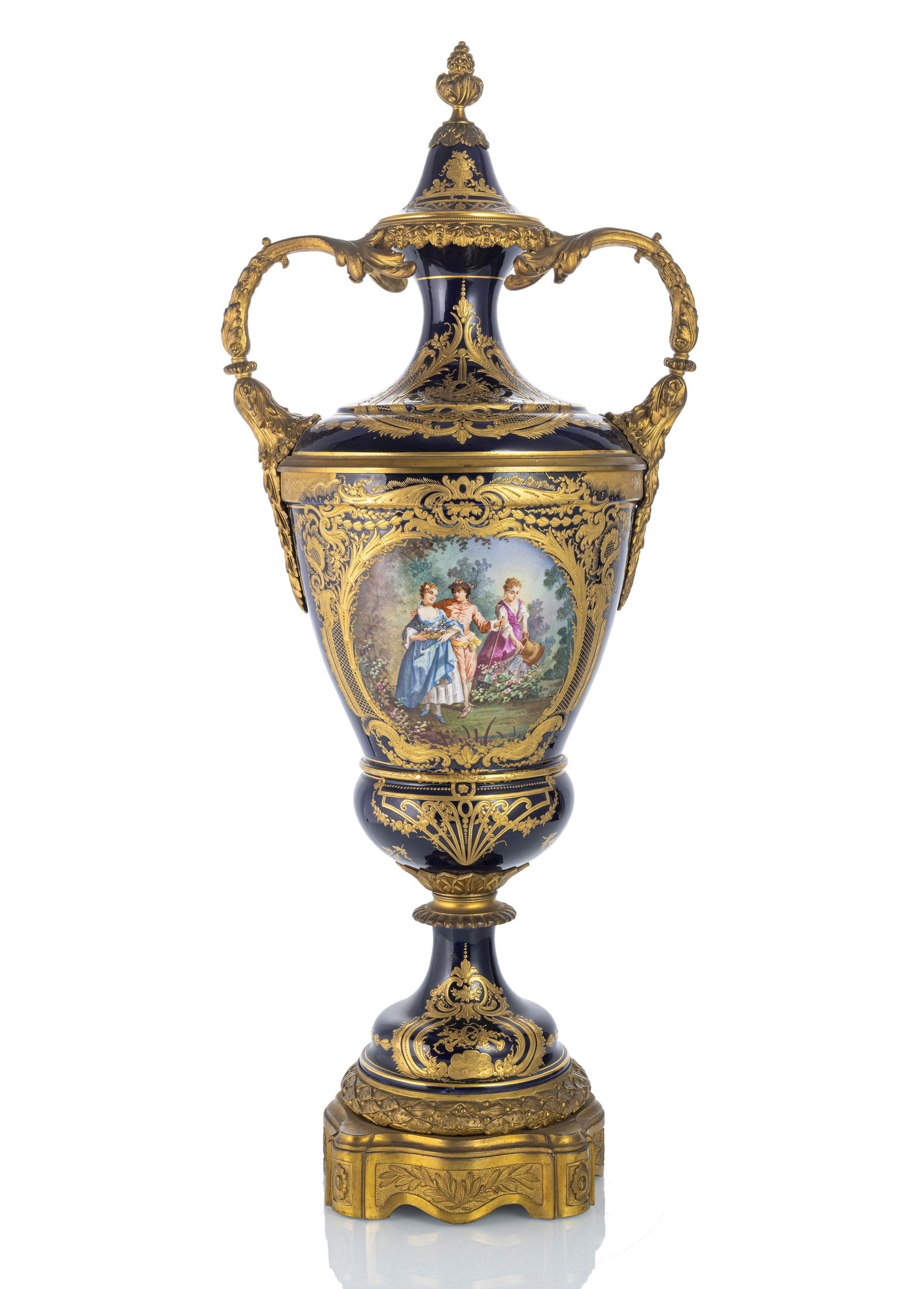 A LARGE GILTBRASS MOUNTED BLUE FOND VASE AND COVER (1 of 4)