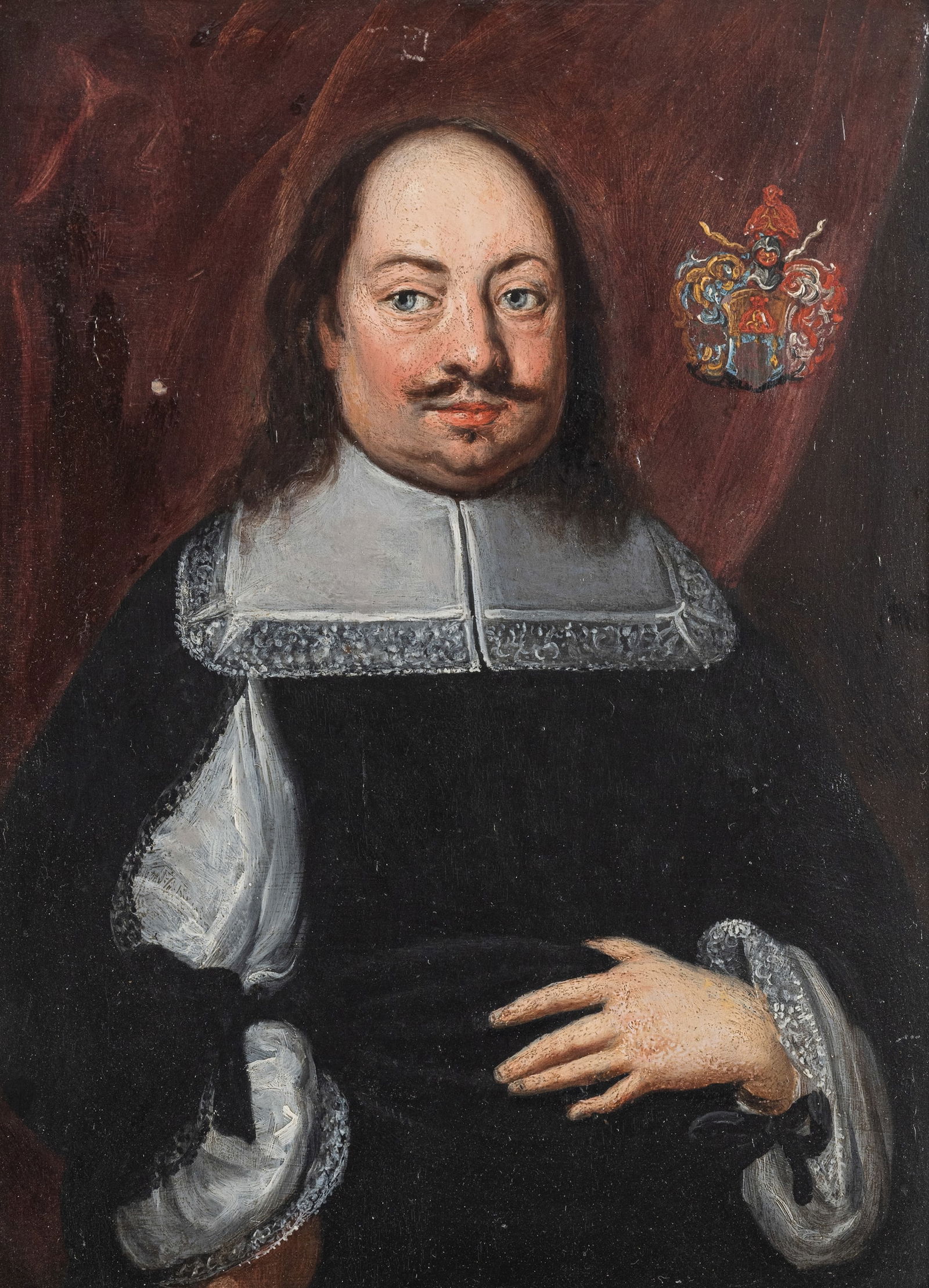 German School: German School 17/18th ct. 26 x 19,5 cm Portrait of "Johann Georg Jobst der Churfürstl: Drtl: in Bayrn and Revisions: und Comercien Rhat (...)". Oil/panel, verso with coat of arms and