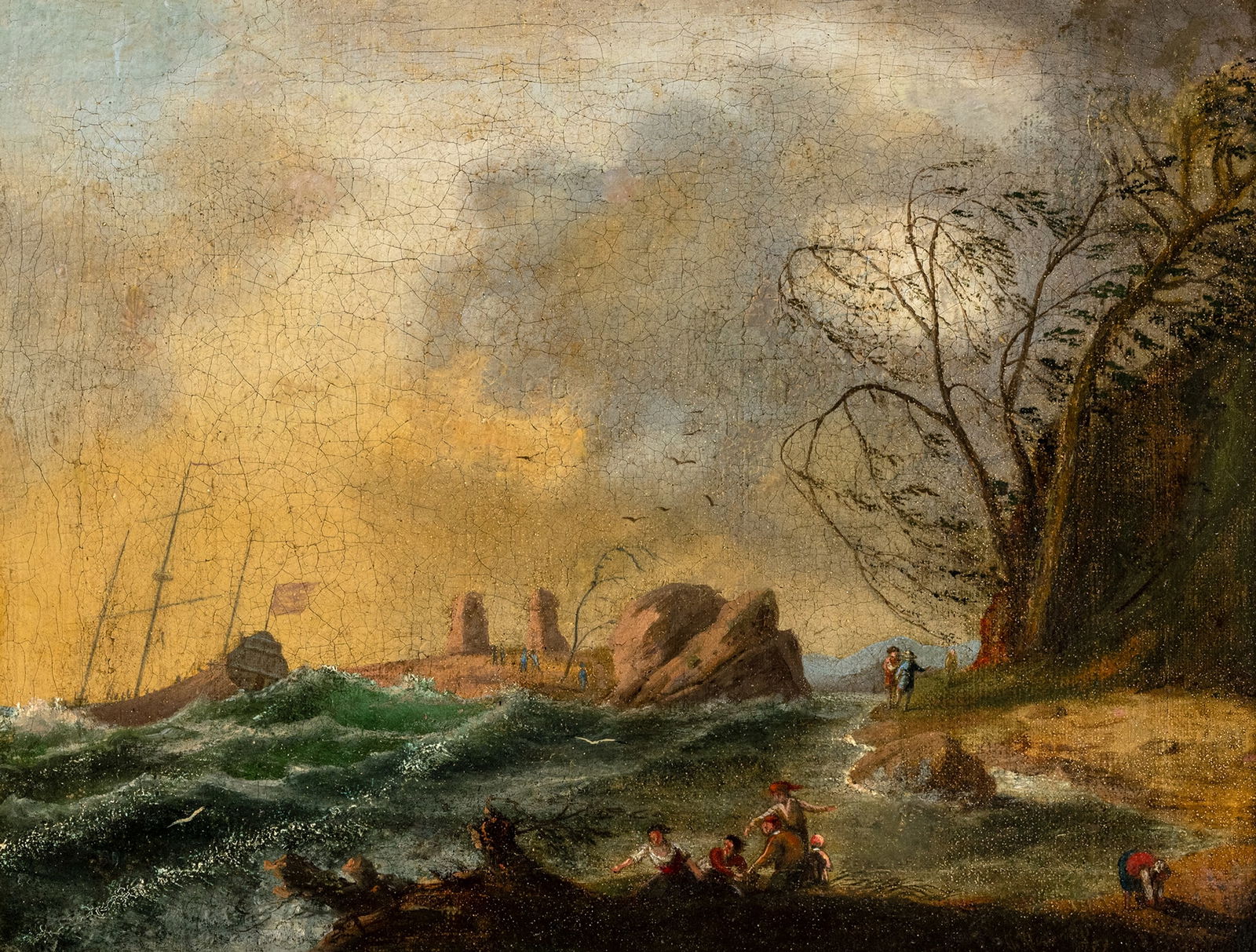 Landscapist: Landscapist 19th ct. 33 x 43 cm Stormy sea coast. Oil/canvas, relined. Traces due to age, rest.Landschafter 19. Jhdt. 33 x 43 cm Stürmische Meeresküste. Öl/Lwd., doubl. Alterssch.,