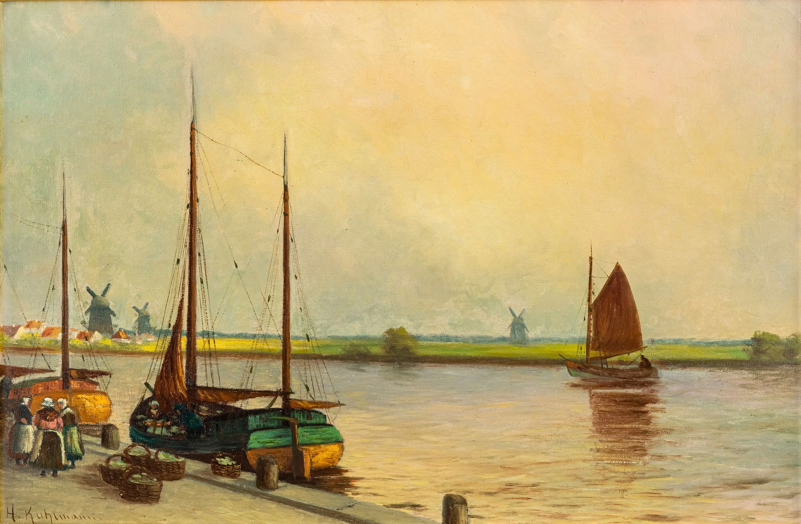 KUHLMANN, HERBERT: KUHLMANN, HERBERT B. 1936 45 x 69 cm Sailing ships on a canal. Oil/canvas, signed.Kuhlmann, Herbert Geb. 1936 45 x 69 cm Schiffe auf dem Kanal. Öl/Leinwand, signiert.