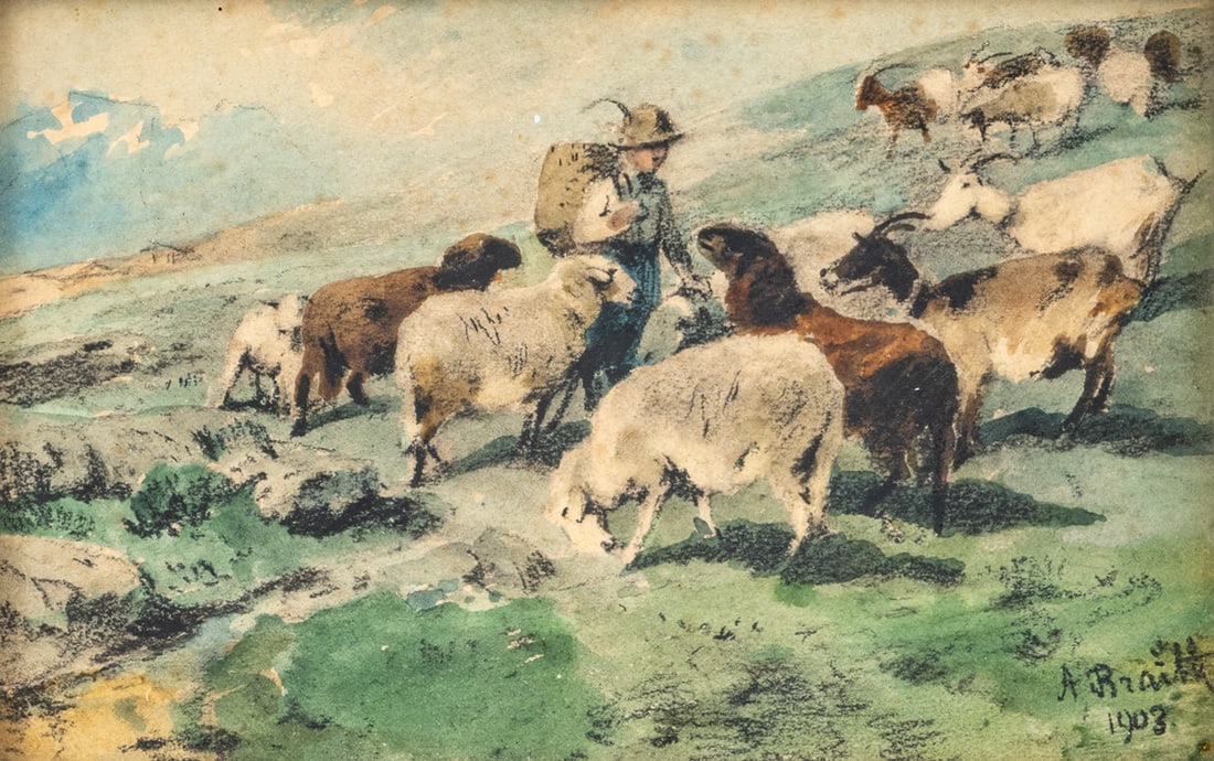 Braith, Anton: Braith, Anton 1836 - 1905 10 x 15 cm A herdsman in high mountains. Watercolour and chalk/paper, signed and dated 1903.Braith, Anton 1836 - 1905 10 x 15 cm Hirte im Hochgebirge. Aquarell und