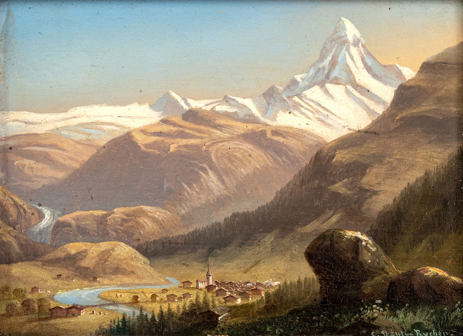 Stähly-Rychen, Gottfried: Stähly-Rychen, Gottfried 1840 - 1920 14 x 19 cm View of the Matterhorn. Oil/panel, signed. Traces due to age.Stähly-Rychen, Gottfried 1840 - 1920 14 x 19 cm Blick auf das Matterhorn. Öl