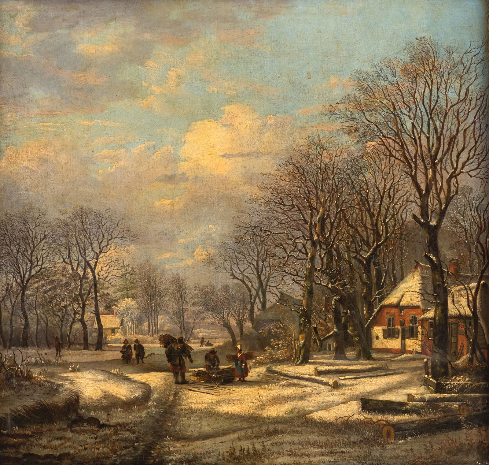 Dutch School: Dutch School 19th ct. 49 x 52 cm Wintry landscape with peasants. Oil/canvas, relined.Niederländische Schule 19. Jhdt. 49 x 52 cm Winterlandschaft mit Bauern. Öl/Lwd., doubl.