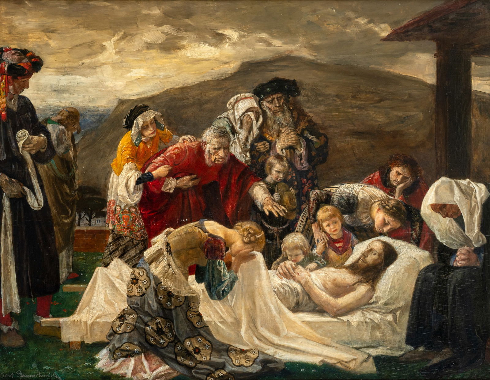 Pfannschmidt, Ernst Christian: Pfannschmidt, Ernst Christian 1868 - 1949 85 x 110 cm Lamentation of Christ. Oil/panel, signed.Pfannschmidt, Ernst Christian 1868 - 1949 85 x 110 cm Beweinung Christi. Öl/Holz, signiert.