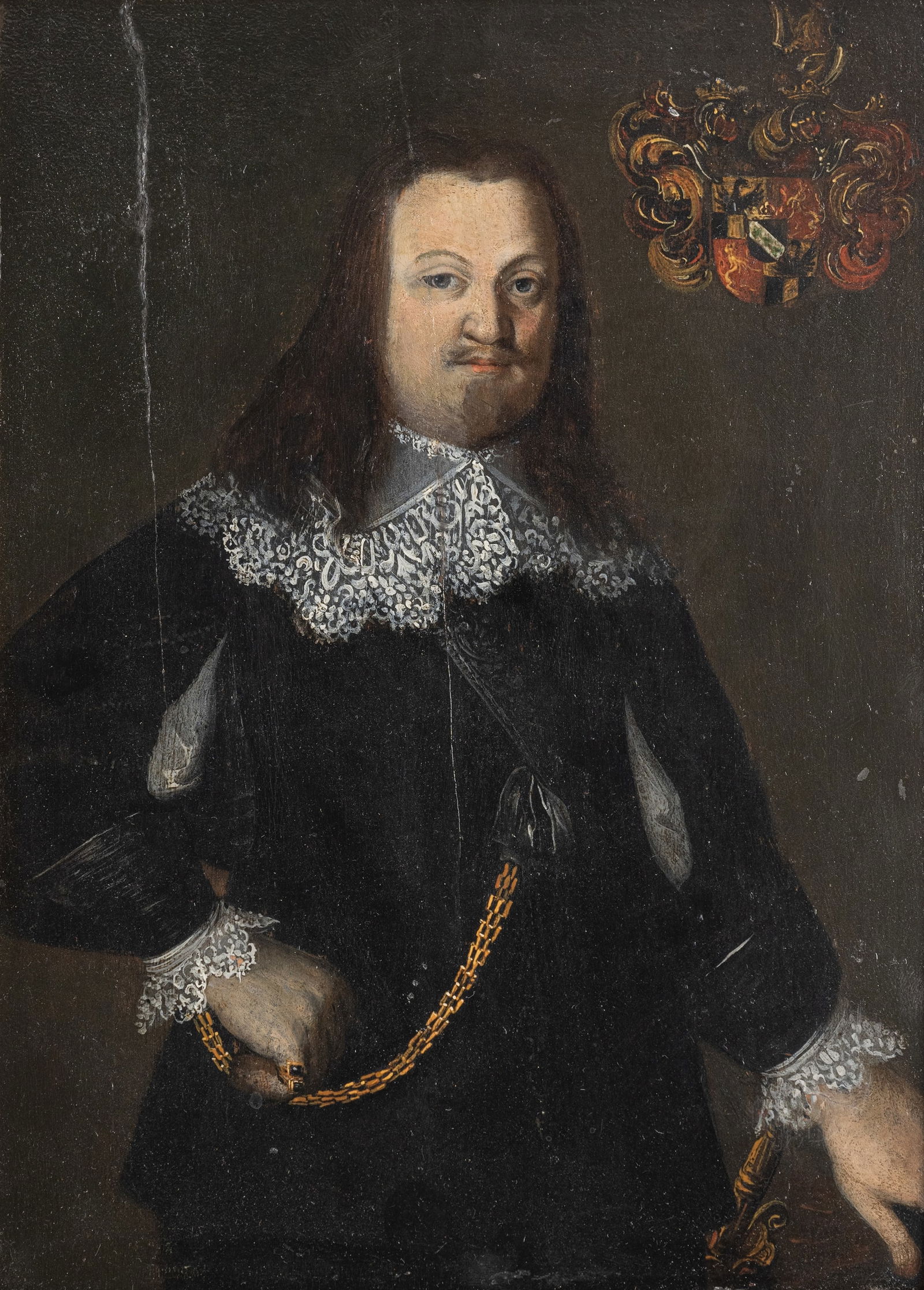 German School: German School 17/18th ct. 26 x 19,5 cm Portrait of "Wolf Wilhelm von und zu Enzenberg (...)". Oil/panel, verso with coat of arms and inscription. Southern German private collection.Deutsche Schule