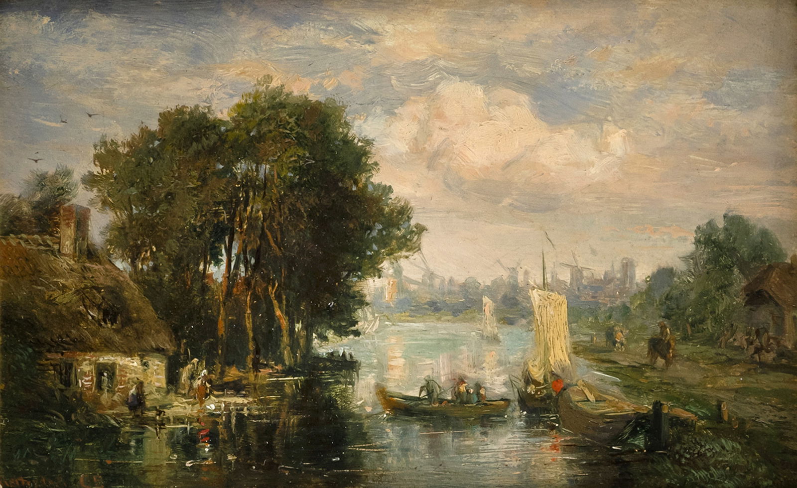Ebert, Carl (attr.): Ebert, Carl (attr.) Stuttgart 1821 - München 1885 17,5 x 11,5 cm Dutch canal landscape. Oil/panel, monogrammed, inscribed and dated "Rotterdam Aug. 60". Wurttemberg private collection.Ebert,