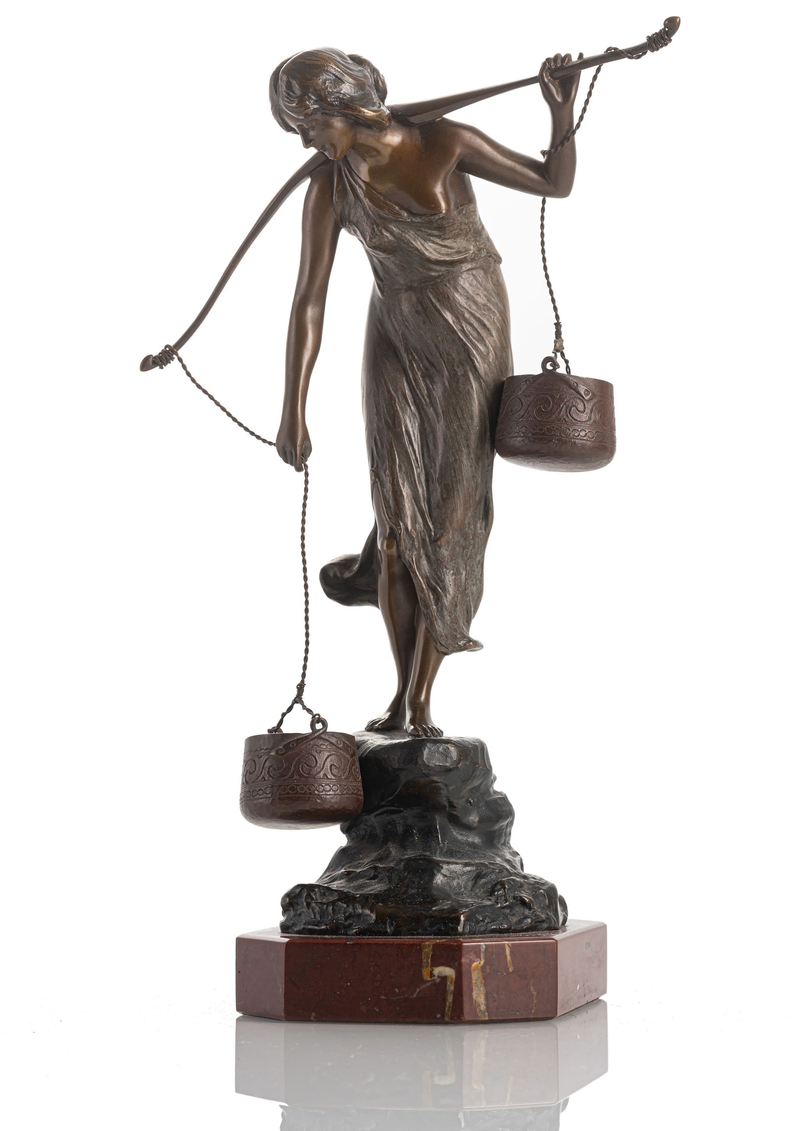 Kowalczweski, Karl P.: Kowalczweski, Karl P. 1876 - 1927 H. 31/34 cm Water-carrier, around 1910, bronze, patinated and cold-painted. Signed. Red marble base. Min. rubbed. Private Collection StuttgartKowalczweski, Karl P.