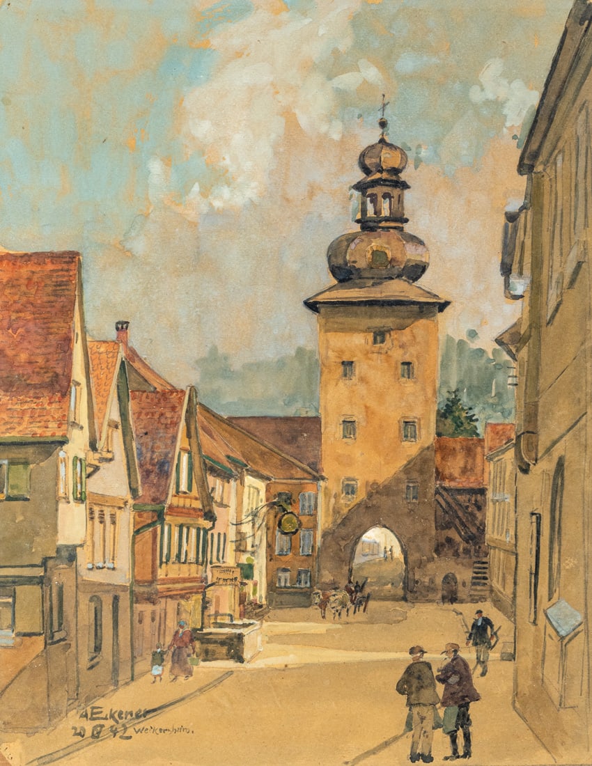 Eckener, Alexander: Eckener, Alexander 1870 - 1944 30 x 24 cm The Gänsturm at Weikersheim. Watercolour and pencil/paper, signed, dated and inscribed "20.IV.42 Weikersheim". Traces due to age.Eckener, Alexander 1870