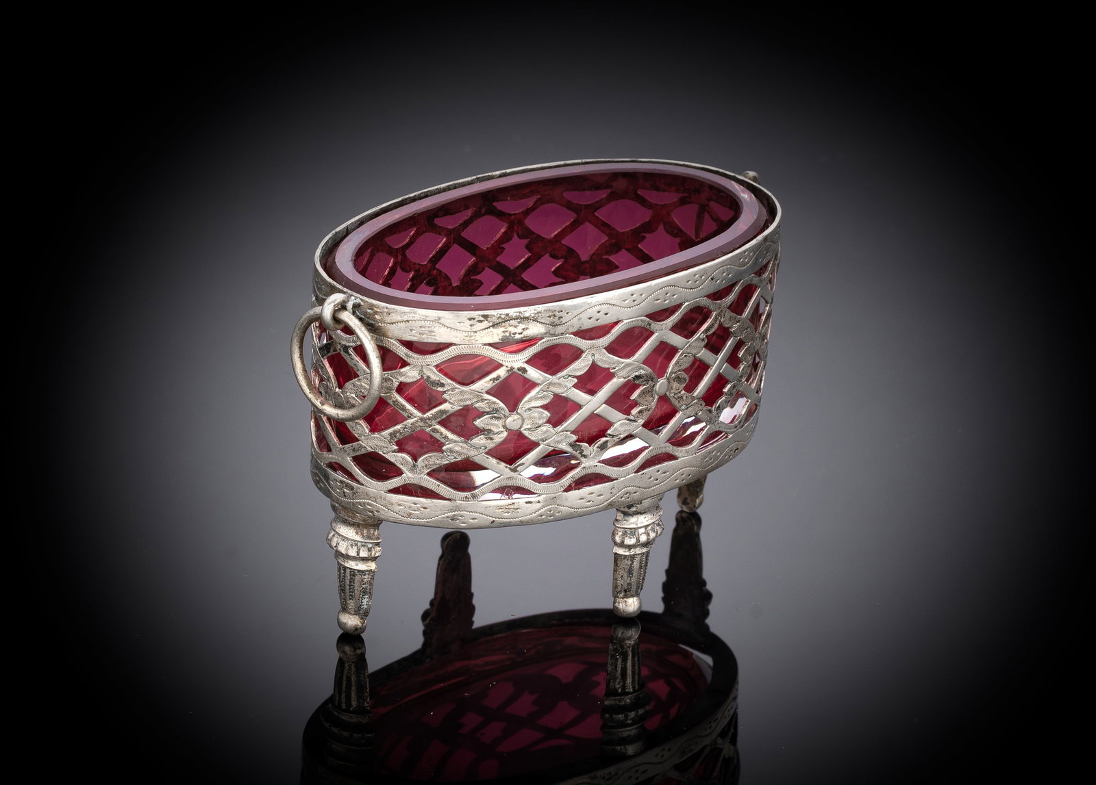 A SOUTH GERMAN OPENWORK SILVER SALT CELLAR WIT RED GLASS LINER - 2
