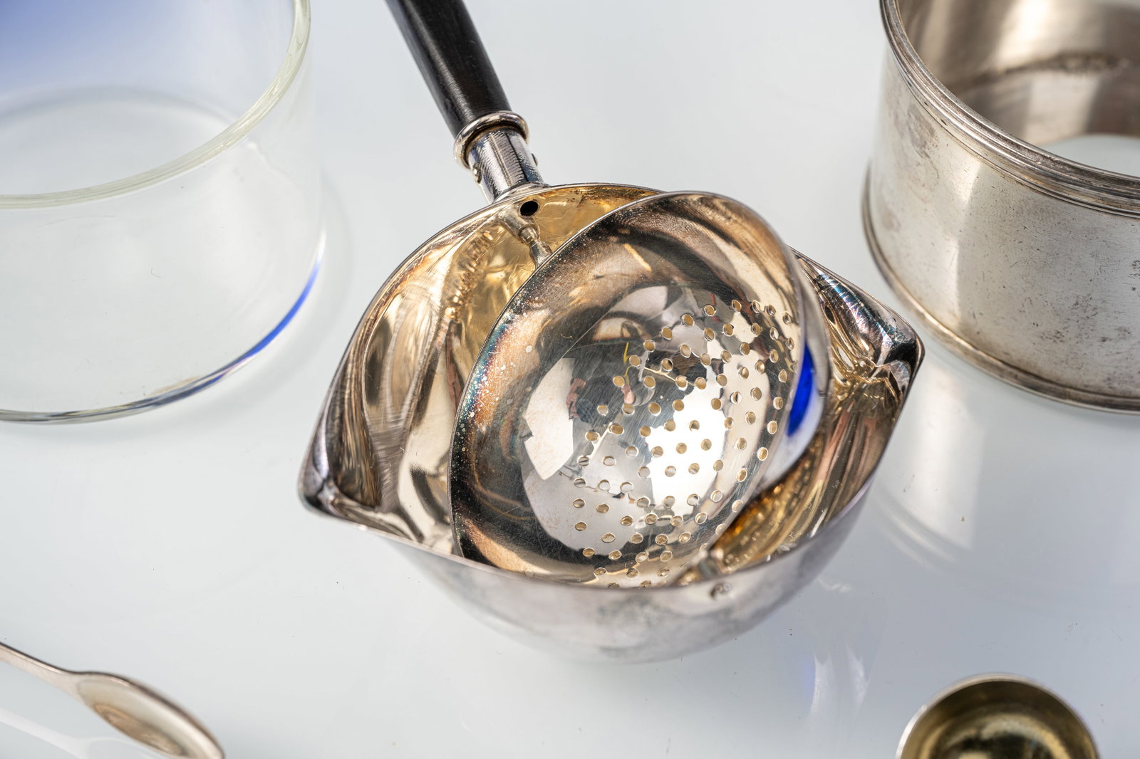 A JAM POT WITH SPOON AND A TEA STRAINER - 4