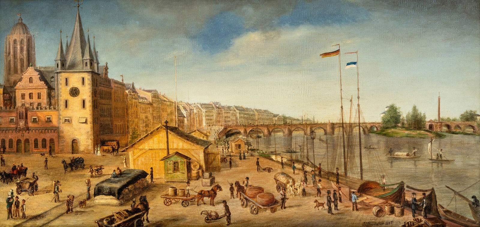 Germany: Germany 19/20th ct. 30 x 60 cm Frankfurt on the Main. Bank of the Main with the Old Bridge. Oil/canvas. indistinctly inscribed and dated 1865. Traces due to age. Private collection, Stuttgart. Deutsch