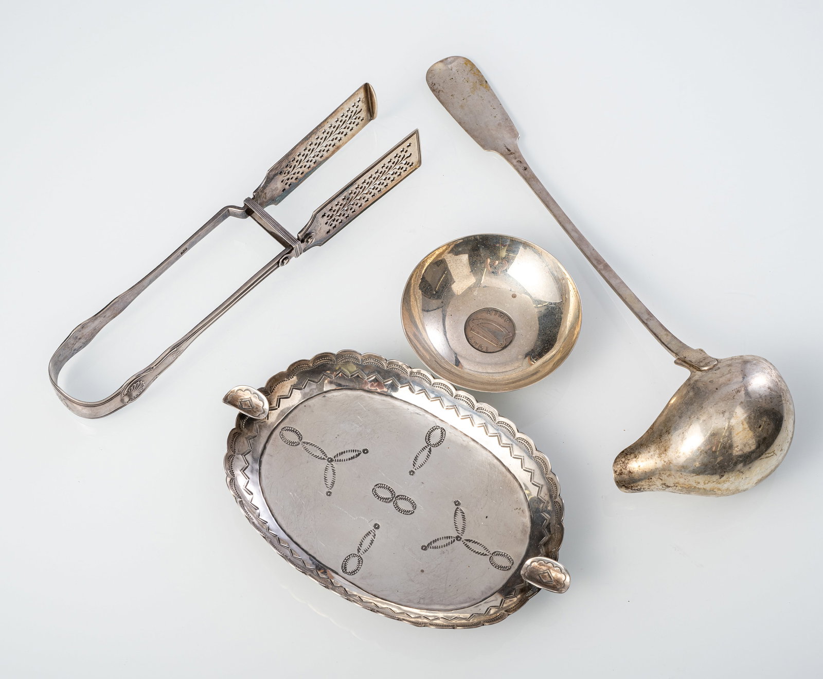 A SOUP LADLE; ASPARAGUS TONGS, ASHTRAY AND SMALL DISH - 3
