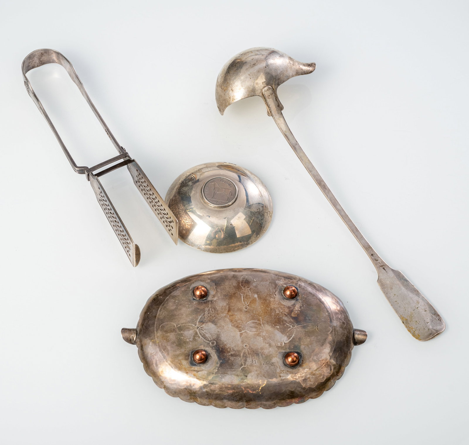 A SOUP LADLE; ASPARAGUS TONGS, ASHTRAY AND SMALL DISH - 5