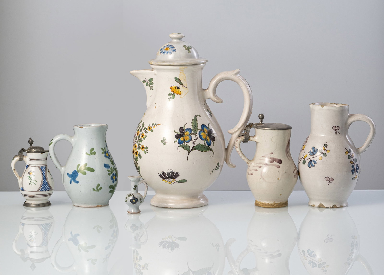 SIX FAIENCE JARS AND A COFFEE POT - 2