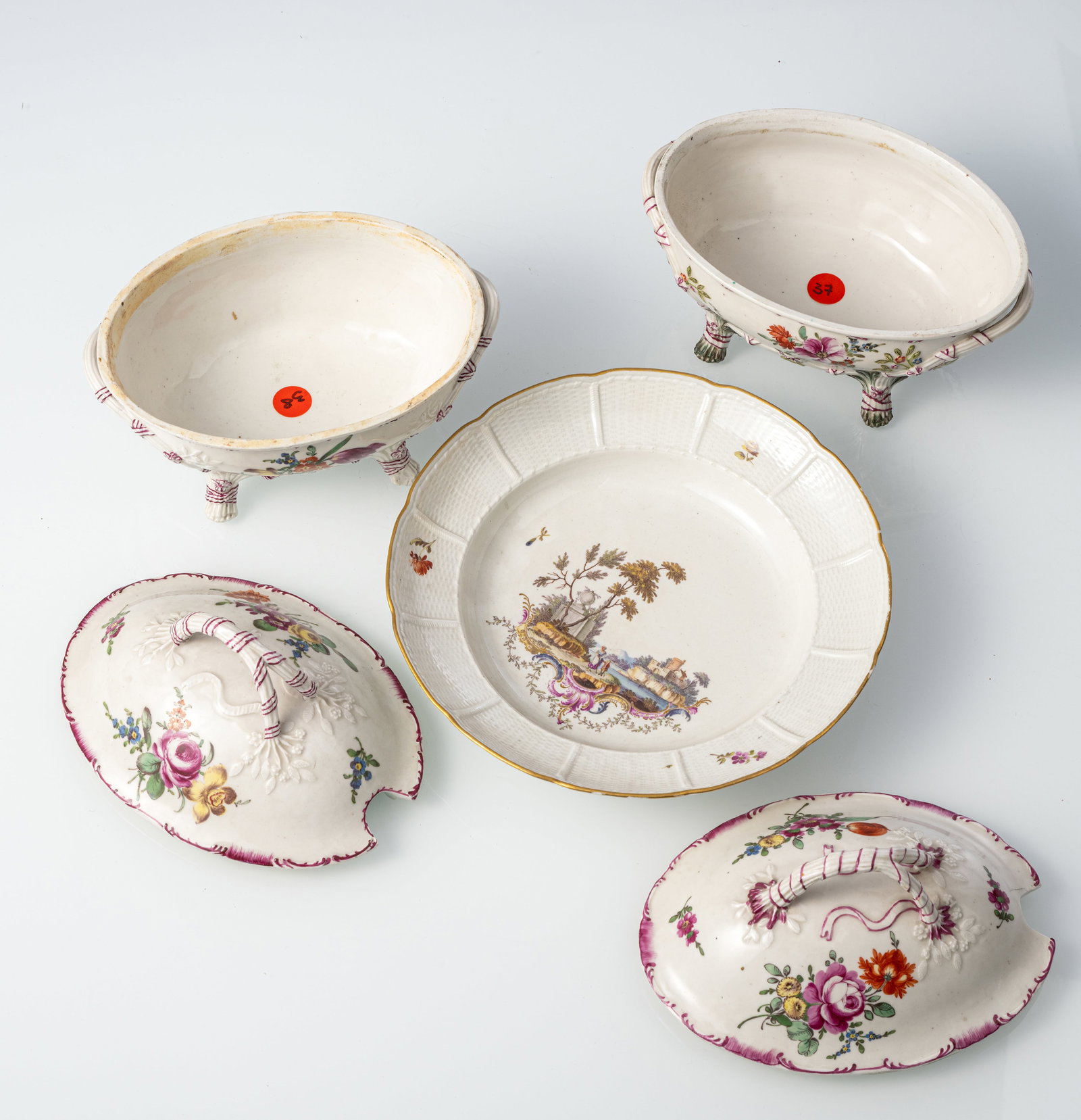 TWO SMALL FLORAL PATTERN LUDWIGSBURG PORCELAIN TUREEN AND COVERS AND A PLATE WITH LANDSCAPE DECORAT - 2