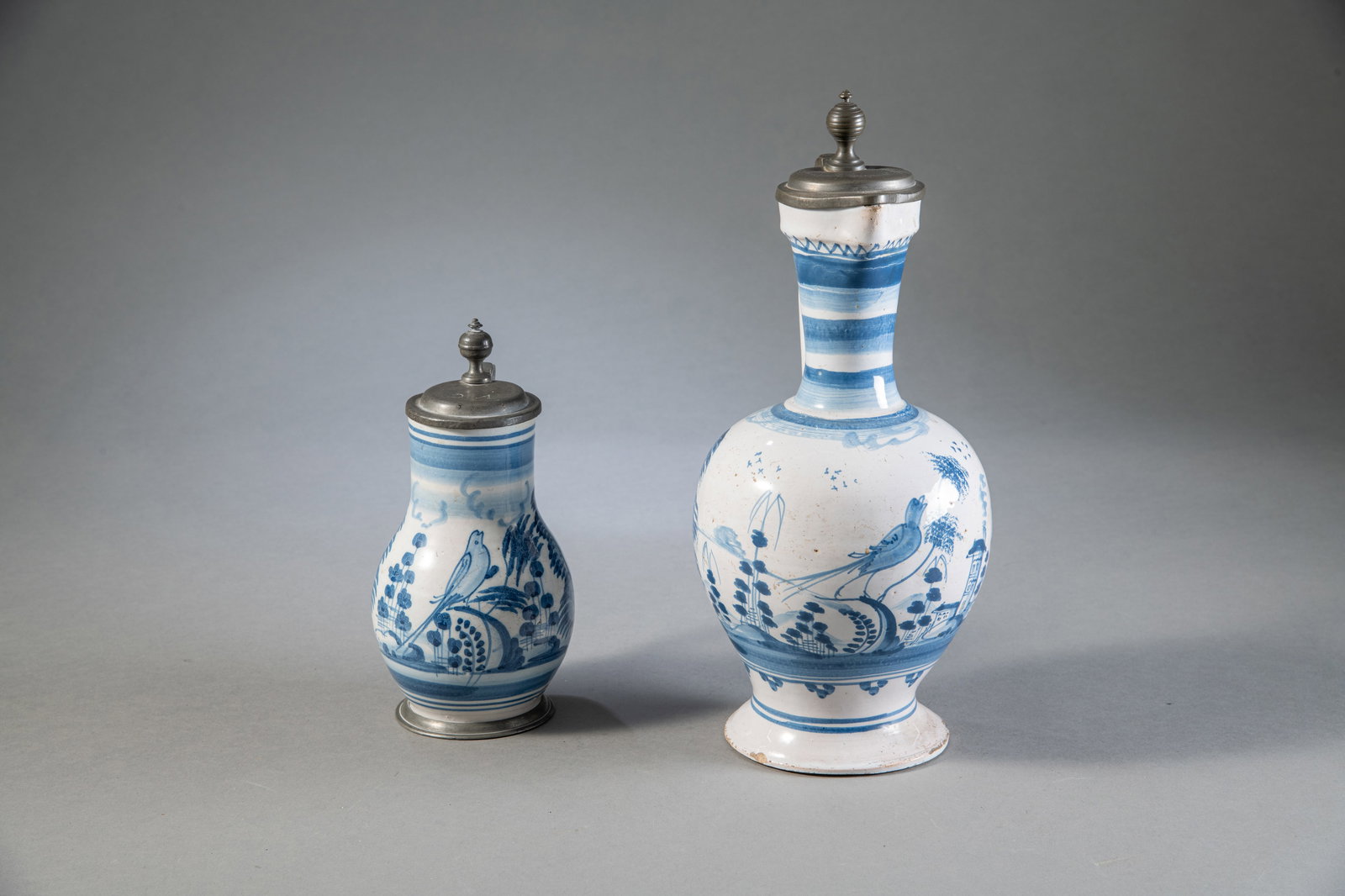 TWO PEWTER MOUNTED BLUE AND WHITE PAINTED FAIENCE JARS - 3