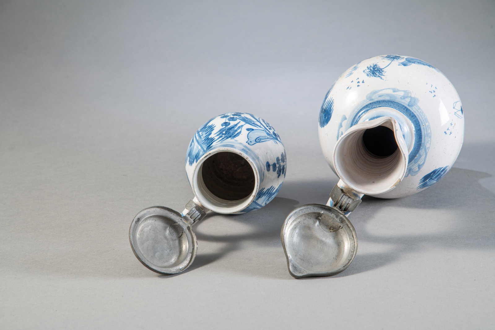 TWO PEWTER MOUNTED BLUE AND WHITE PAINTED FAIENCE JARS - 4