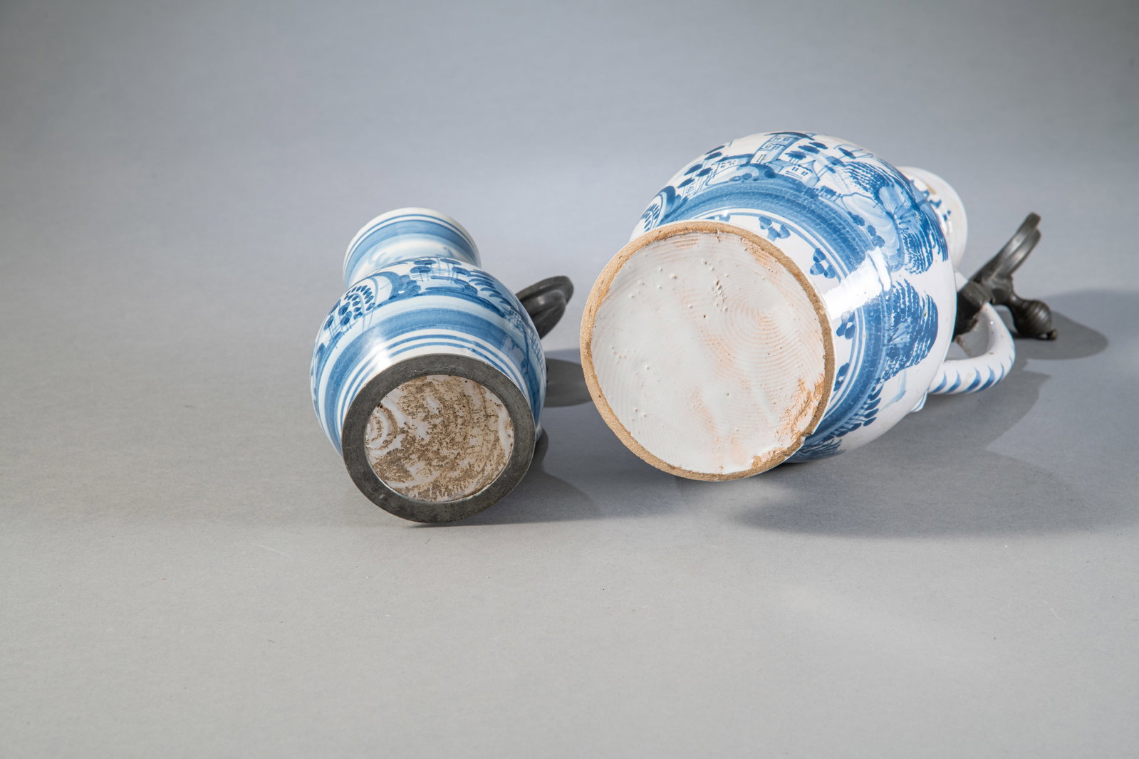 TWO PEWTER MOUNTED BLUE AND WHITE PAINTED FAIENCE JARS - 5