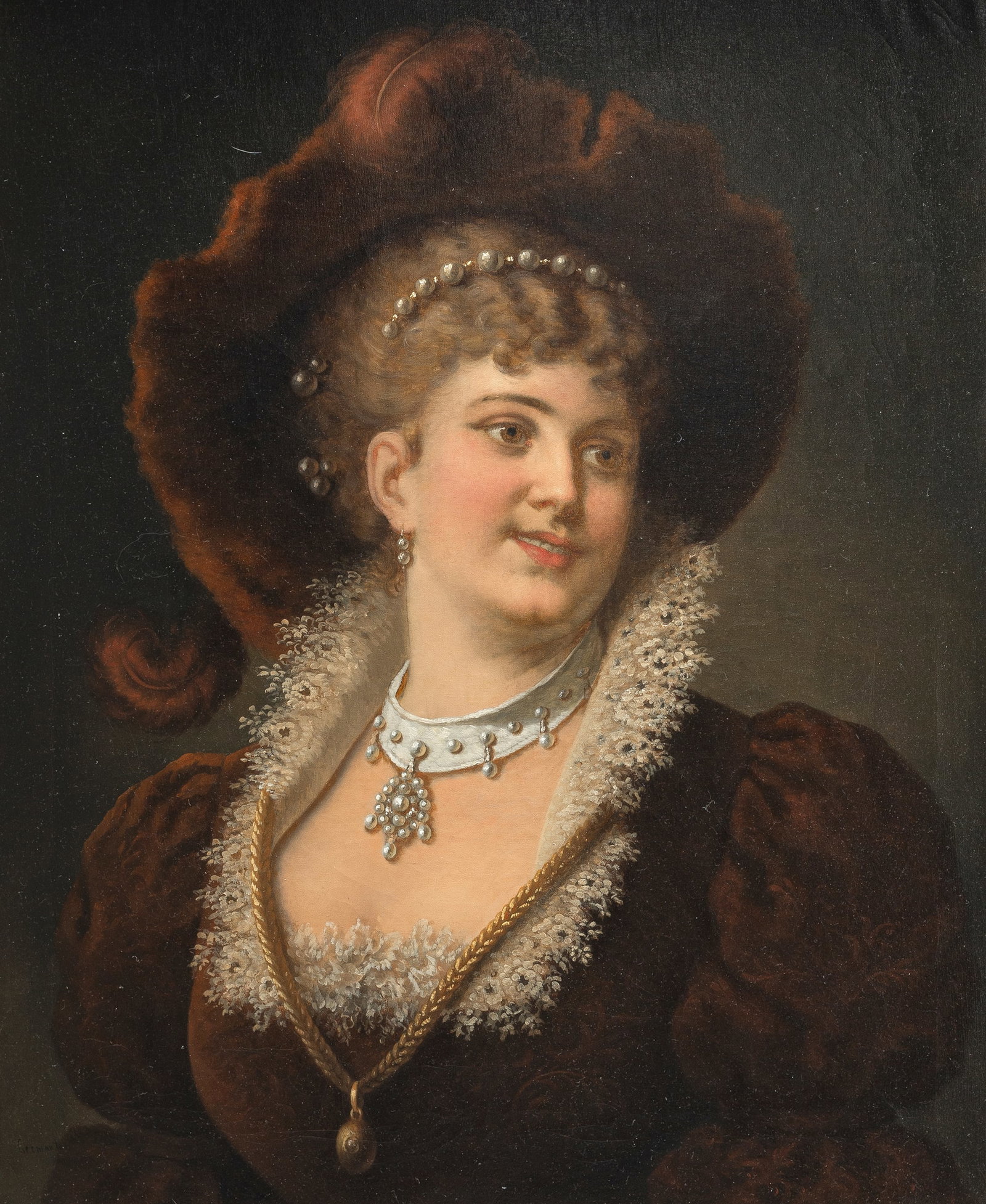 Cremont, Louis: Cremont, Louis 19th ct. 83 x 70cm Portrait of an elegant lady in a dark brown velvet dress with lace trimming and a plumed hat. Oil/canvas, signed lower left. Cremont, Louis 19. Jhdt. 83 x 70cm Portra
