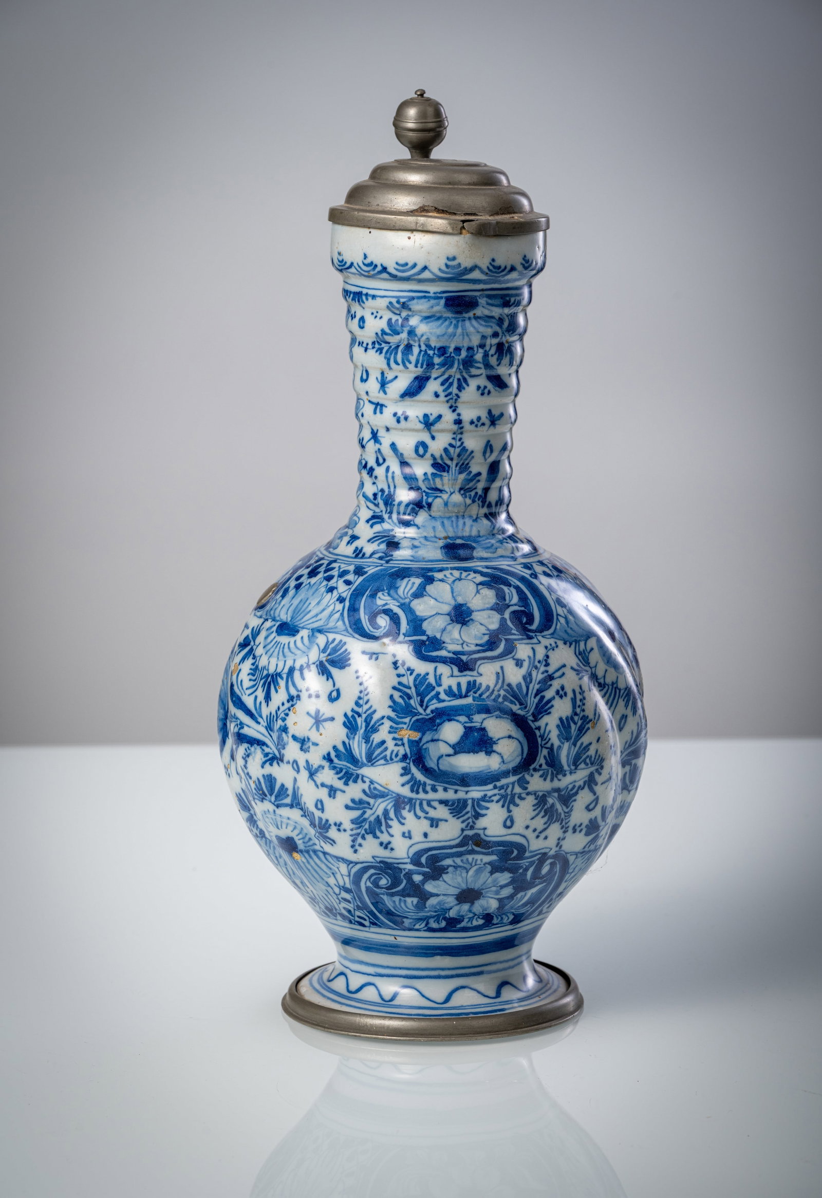 A LARGE PEWTER MOUNTED BLUE AND WHITE PAINTED FAIENCE JAR - 2
