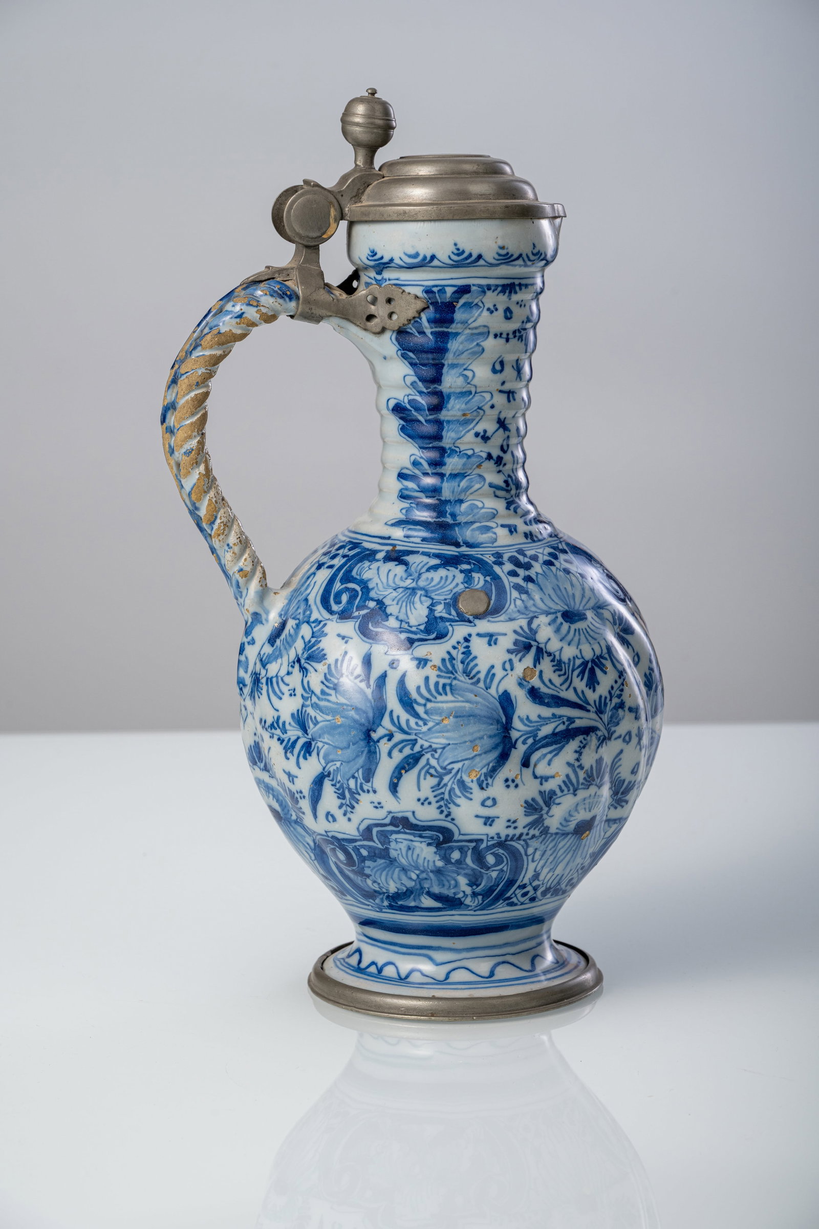 A LARGE PEWTER MOUNTED BLUE AND WHITE PAINTED FAIENCE JAR - 5