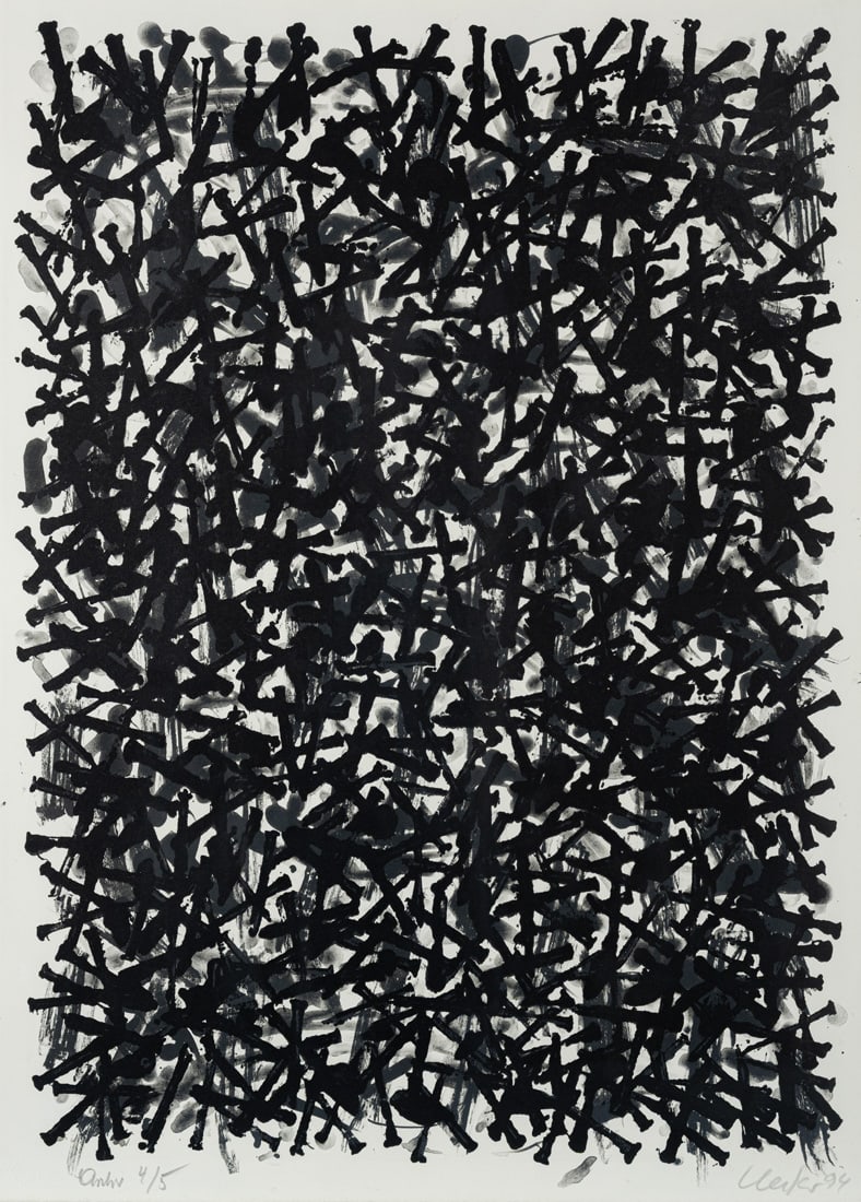 Uecker, Günther: Uecker, Günther Wendorf/Mecklenburg, 1930 - Düsseldorf, 2025 Blattgröße: 75 x 54,5 cm, R. Untitled, 1994. Lithograph on wove paper. Signed, dated and numbered "Archiv 4/5". Dry