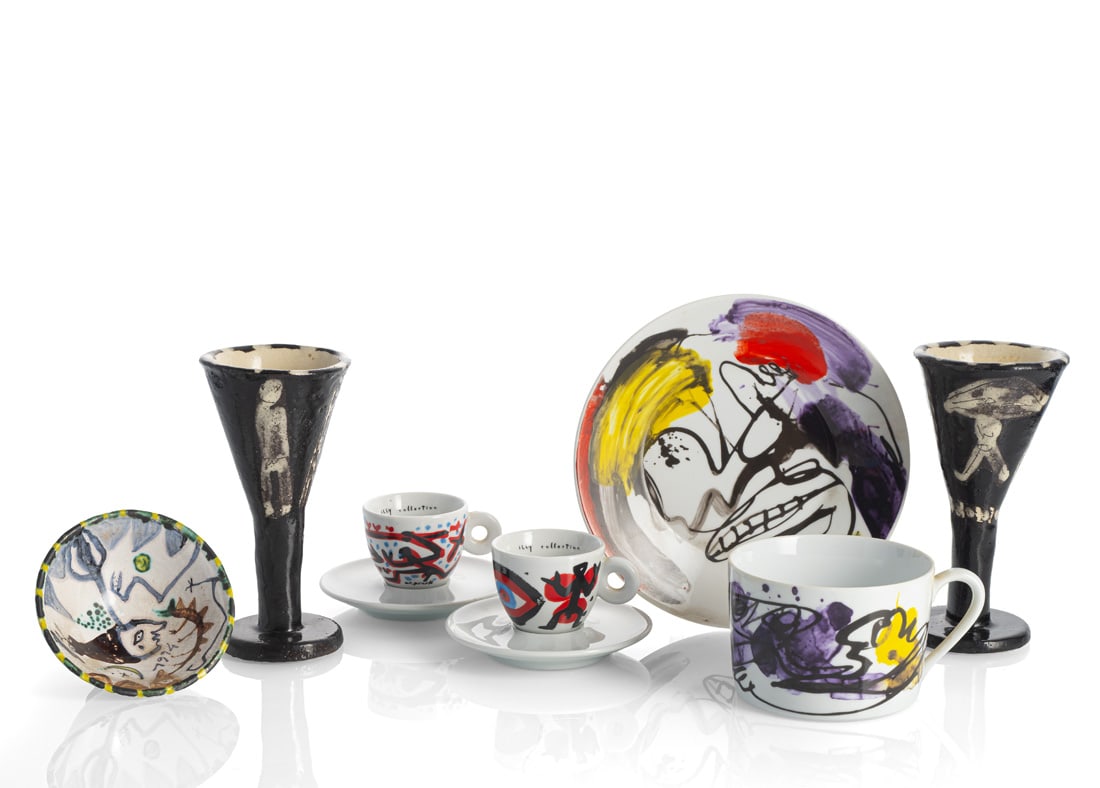 Convolute: 3 cups, 1 bowl and 2 mugs: Convolute: 3 cups, 1 bowl and 2 mugs Versch. By Walter Stöhrer, A. R. Penck, Werner Lehmann, and Rolf Altena. Ceramic and porcelain. All signed and dated in the glaze. Private collection,