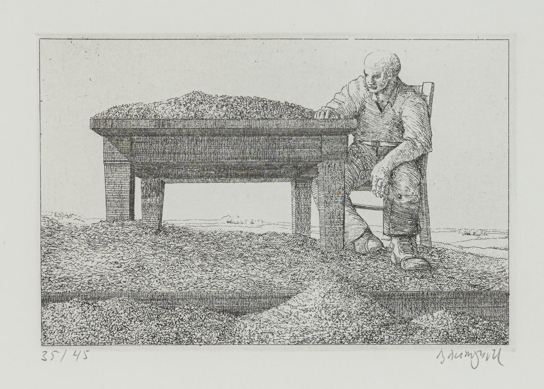 Baumgartl, Moritz: Baumgartl, Moritz Frühbuss/CSSR, 1934 - Stuttgart, 2024 Blattgröße: 23 x 28,5 cm; 9,5 x 14,5 cm, R. "Mann am Tisch", 1977. Etching on wove paper. Signed and numbered 35/45. Valentien,