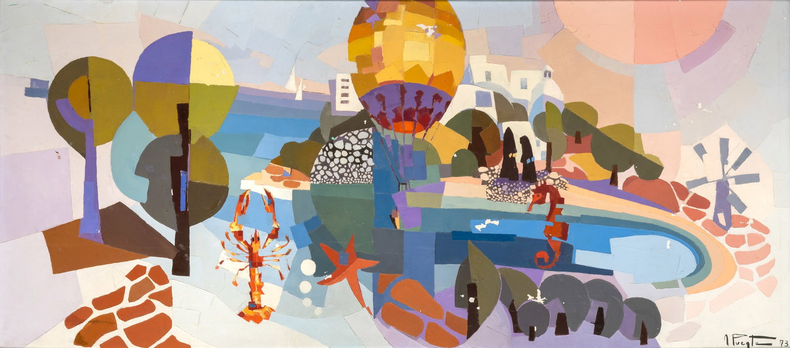 Puente, Nieves: Puente, Nieves Barcelona, 1932 - Ibiza, 2006 80 x 180 cm, R. Southern coastal village, 1973. Oil on canvas. Signed and dated in oil lower right. Collection Monika and Horst Bülow, Leonberg.