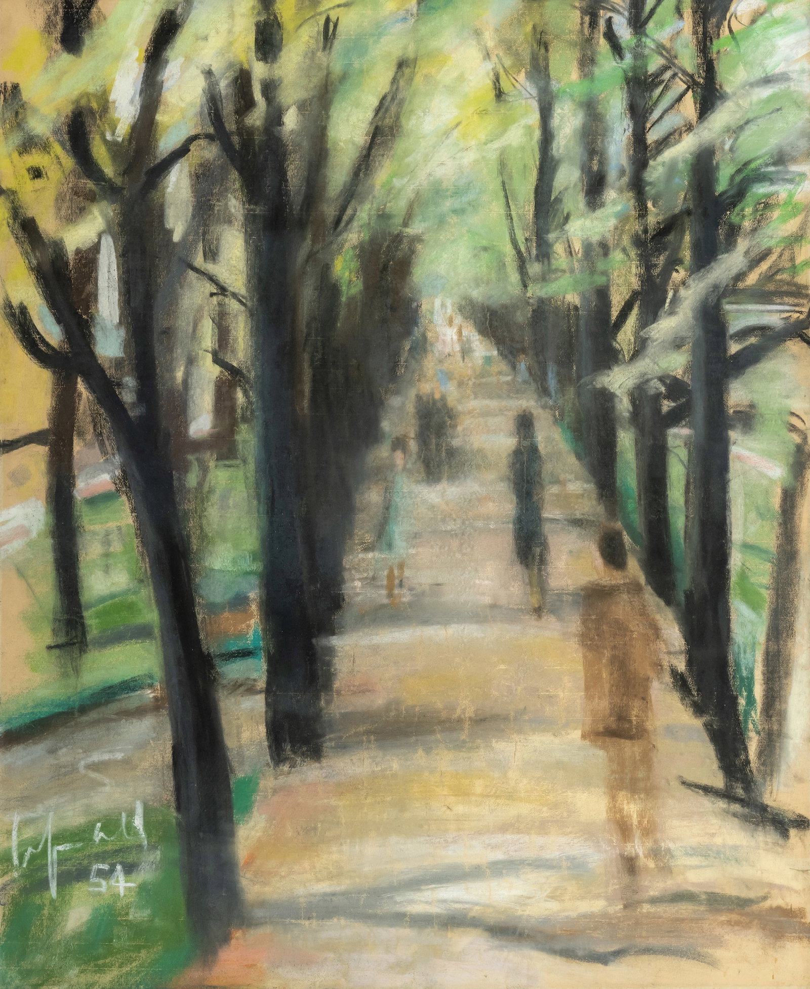 Unknown: Unknown 97 x 80 cm, R. Avenue, 1954. Pastel on laid paper. Signed and dated. Corporate collection, Bayern. Unbekannt 97 x 80 cm, R. Allee, 1954. Pastell auf Bütten. In Pastell unten links