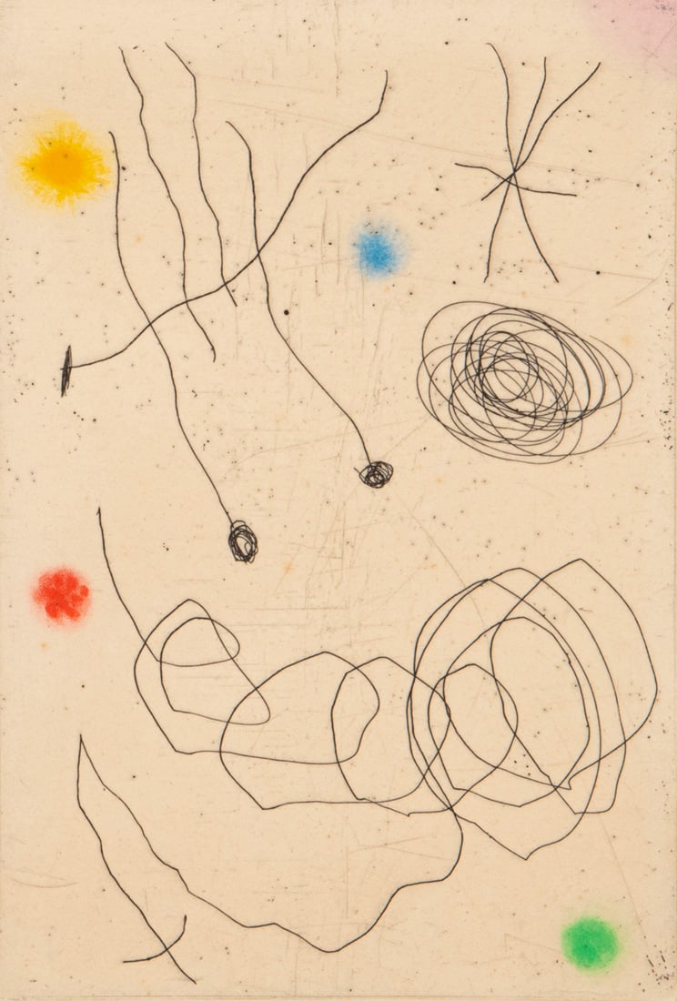Miró, Joan: Miró, Joan Barcelona, 1893 - Palma de Mallorca, 1983 17 x 11,5 cm, o. R. "La Chouette et l'Escargot", 1964. Etching on wove paper. Greeting card by Aimé Maeght. Dupin, 388. Private