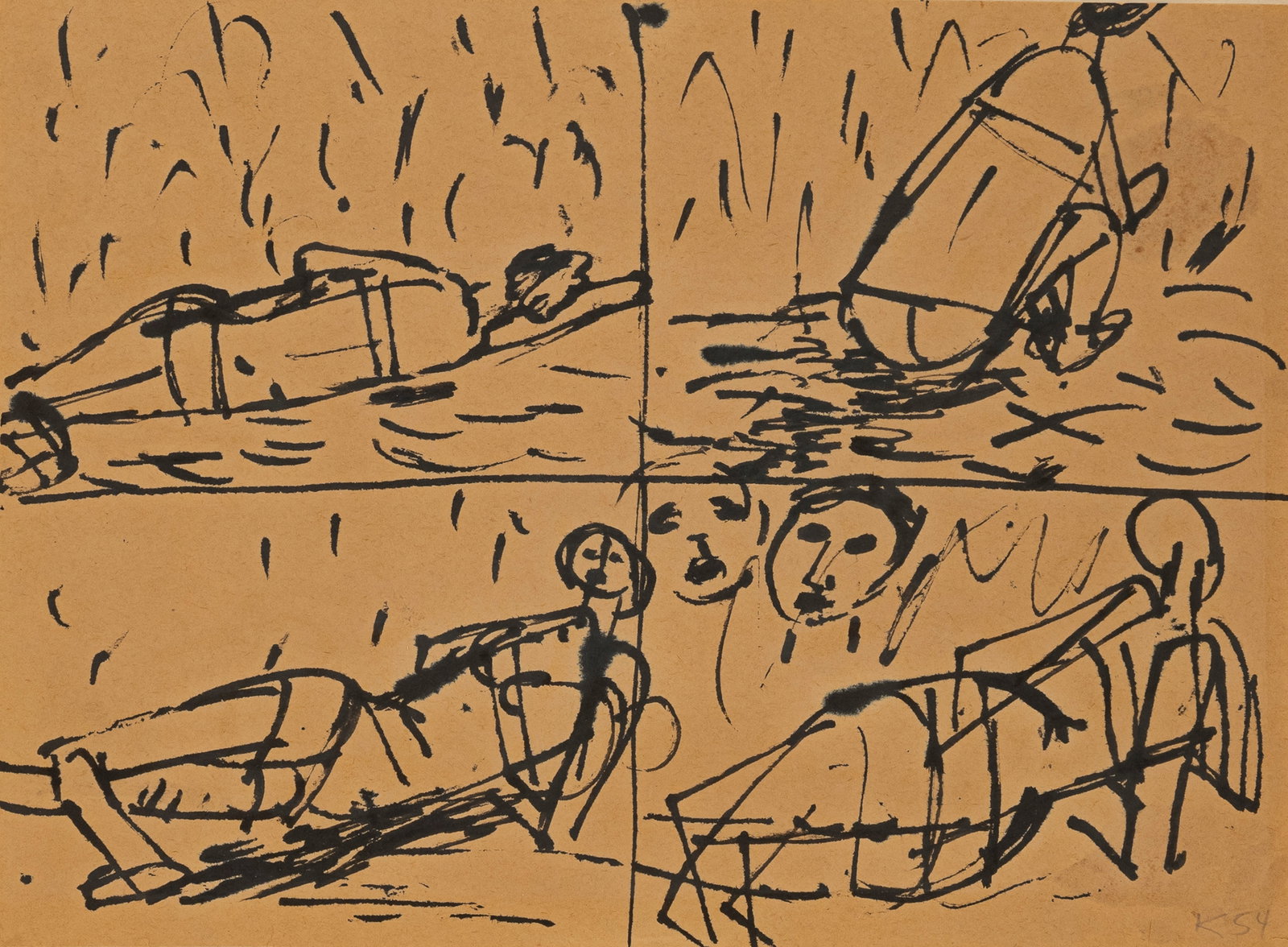 Kaprow, Allan: Kaprow, Allan Atlantic City, 1927 - Encinitas, 2006 22 x 30 cm, R. Encounters, 1954. Ink on paper. Monogrammed and dated in pencil lower right. Collection Jürgen H. Meyer, Düsseldorf.