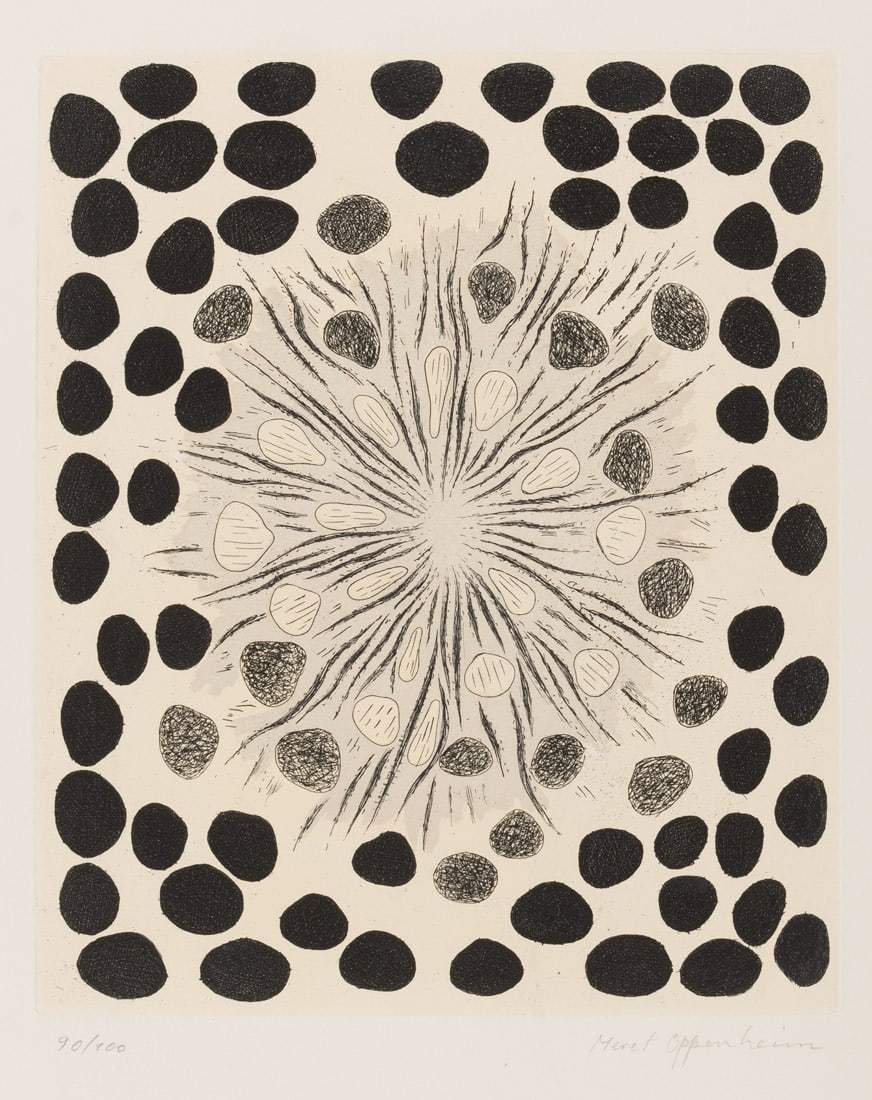 Oppenheim, Meret: Oppenheim, Meret Berlin, 1913 - 1985 Blattgröße: 66 x 50 cm, o. R. "Steine, schwarze Tropfen, die zur Mitte hin verschwinden", 1974. Etching on wove paper. Signed and numbered 90/100.