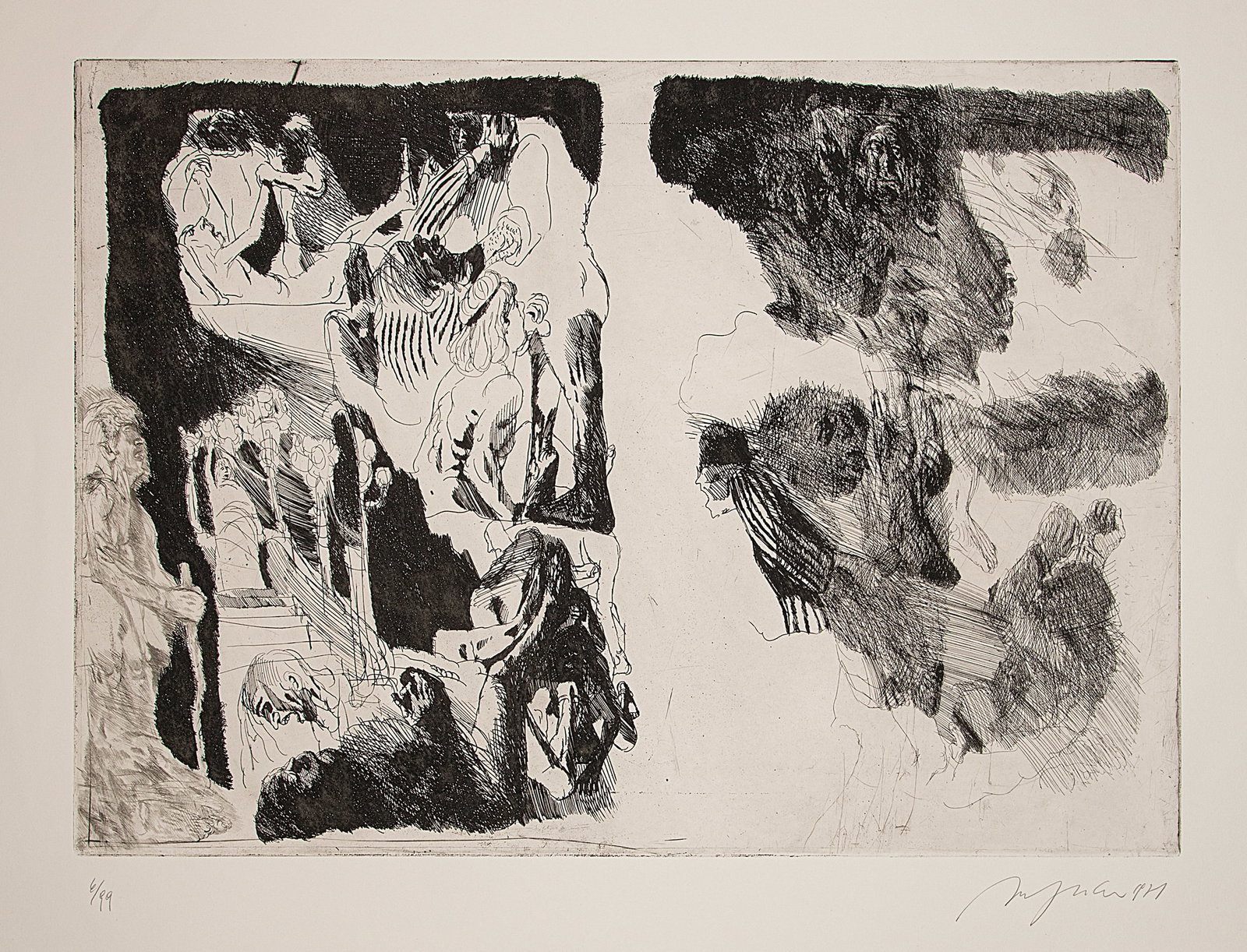 Hrdlicka, Alfred: Hrdlicka, Alfred Wien, 1928 - 2009 Blattgröße: 63,5 x 90,5 cm; 50 x 69 cm, o. R. "Studie I zu 'Rückkehr aus Frankreich und Reise nach innen'", 1971. Etching on wove paper. Signed, dated