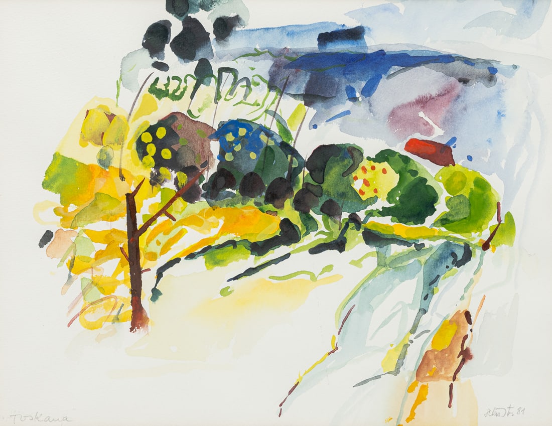 Schuster, Helmut: Schuster, Helmut Wasseralfingen, 1939 - Aalen, 2010 30 x 38 cm, R. "Toskana", 1981. Gouache on wove paper. Signed and dated, as well as signed and dated on an artist's label affixed to the reverse.