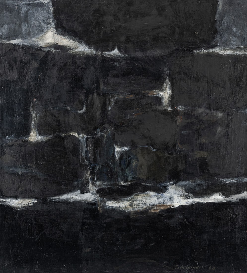 Schreiner, Hans: Schreiner, Hans Bad Friedrichshall, 1930 - 2018 65 x 60 cm, R. "Landschaftlich - schwarz-weiß", 1963. Oil on canvas. Signed and dated in oil at lower right as well as signed and titled on the