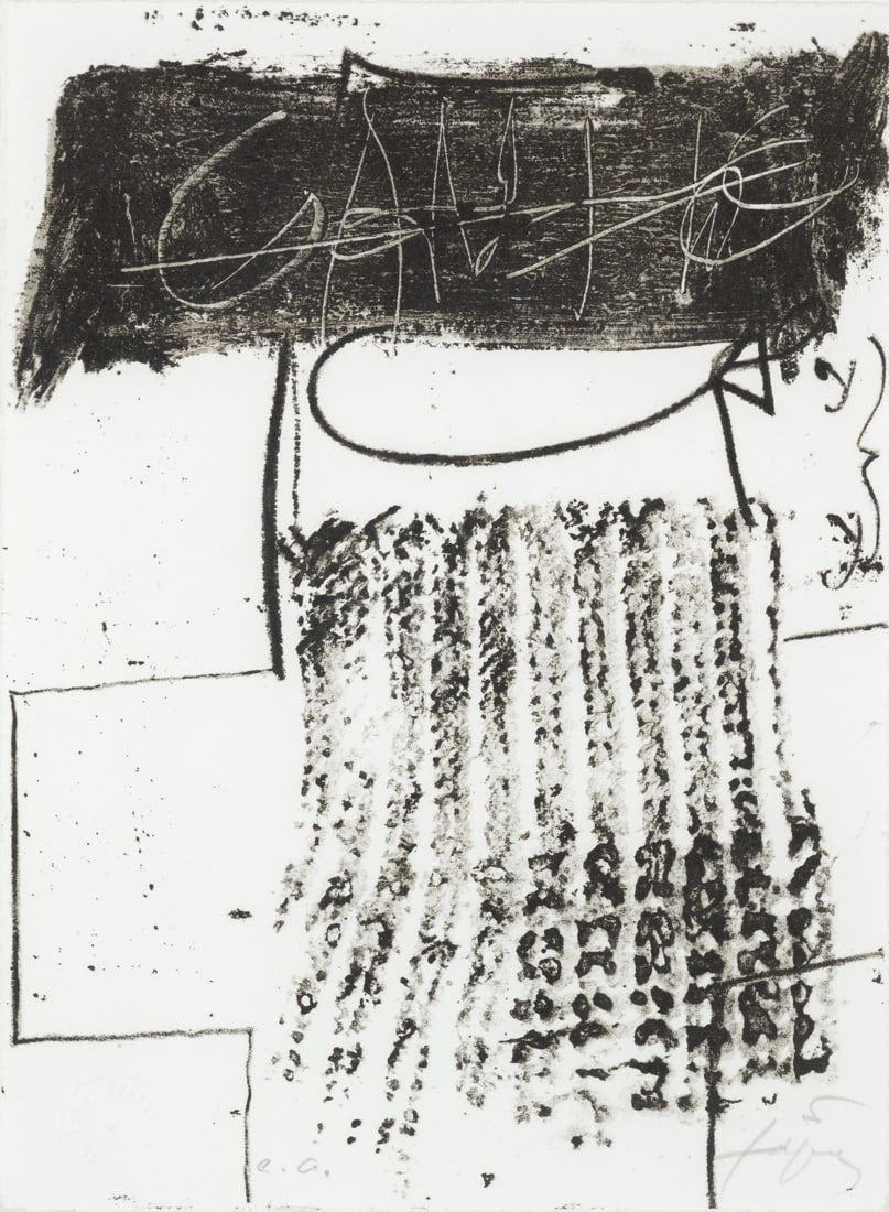 Tàpies, Antoni: Tàpies, Antoni Barcelona, 1923 - 2012 22 x 16 cm, R. "Bremen - Baden-Baden - Winterthur", 1977. Lithograph on wove paper. Signed and marked "e.a.". Dry stamp: Erker Presse St. Gallen. Galfetti,