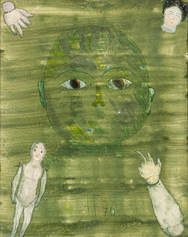 Foerster, Heidi: Foerster, Heidi Singen, 1932 25 x 19,5 cm, R. Untitled, 1970. Watercolour and green coloured pencil on paper. Monogrammed and dated in green coloured pencil at the lower centre as well as signed,