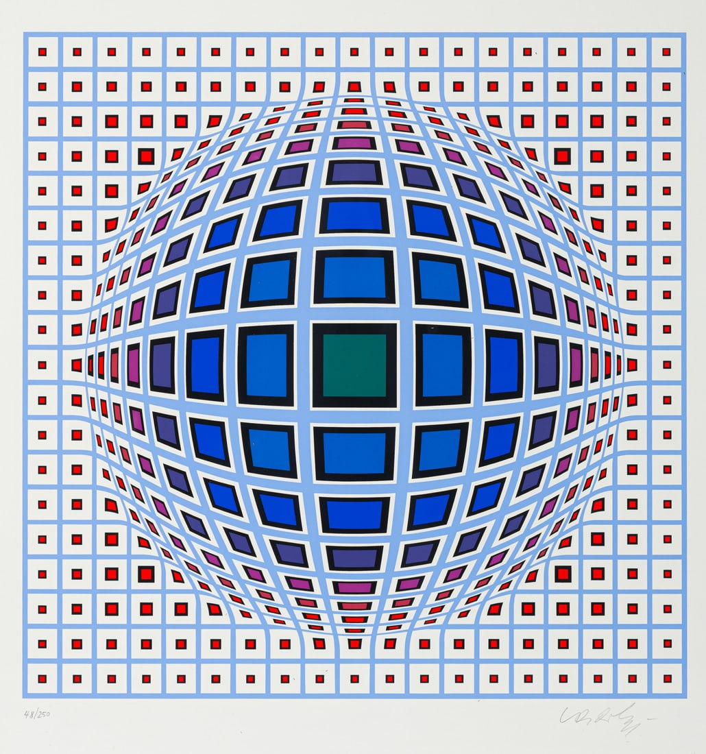 Vasarely, Victor: Vasarely, Victor Pécs/Hungary, 1906 - Paris, 1997 41 x 41 cm, R. Kub Tuz, 1983. Silkscreen print on wove paper. Signed and numbered 48/250. Dry stamp: Edition Galerie Lahumièr. Galerie Karst