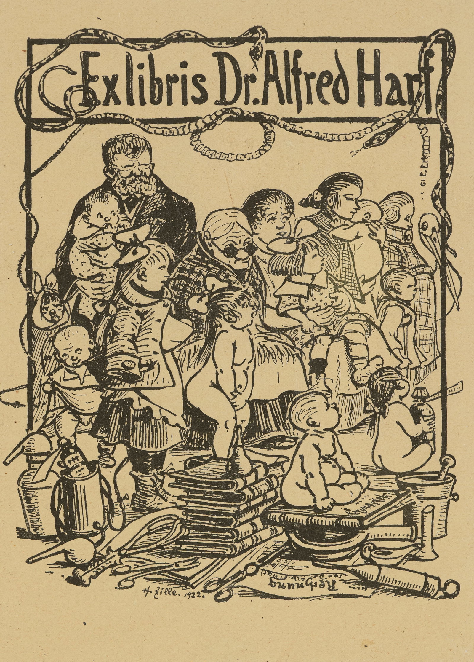 Zille, Heinrich: Zille, Heinrich Radeburg, 1858 - Berlin, 1929 11,5 x 9,5 cm, R. "Exlibris Dr. Alfred Harf", 1922. Print. Signed and dated in the print. Private property, Baden-Württemberg. Zille, Heinrich