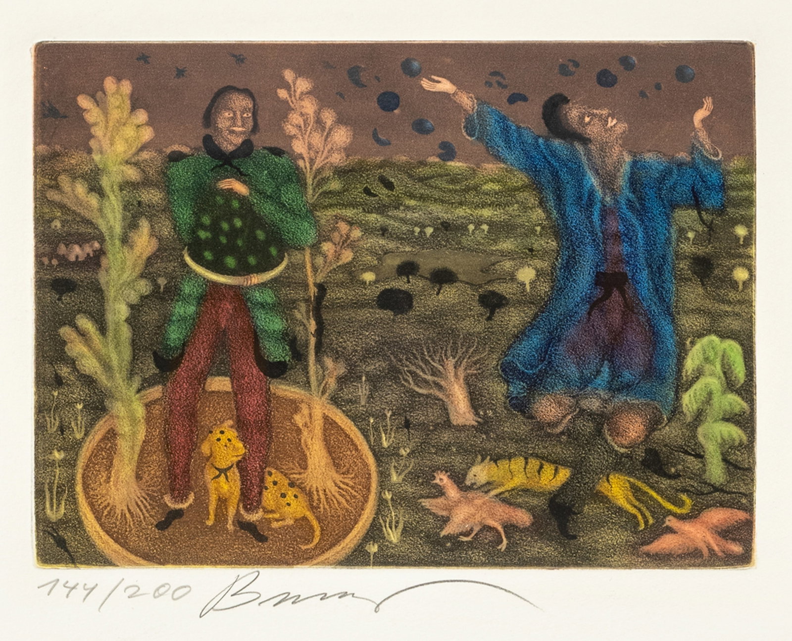 Brauer, Erich (Arik): Brauer, Erich (Arik) Wien, 1929 - 2021 Blattgröße: 40 x 49 cm, o. R. "Reich ist, wer mit seinem Teil zufrieden ist", 1990. Etching on wove paper. Signed and numbered 144/200. Corporate