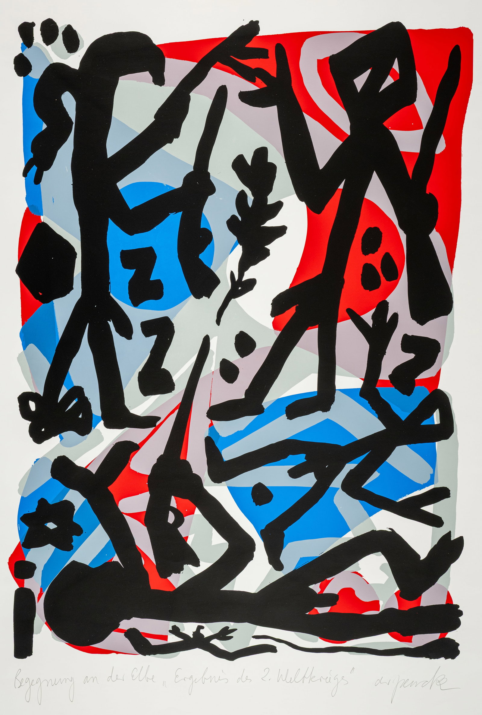 Penck, A.R., d.i. Ralf Winkler: Penck, A.R., d.i. Ralf Winkler Dresden, 1939 - Zürich, 2017 Blattgröße: 84 x 59,5 cm, o. R. "Begegnung an der Elbe 'Ergebnis des 2. Weltkriegs'", 1995. Silkscreen print on paper.
