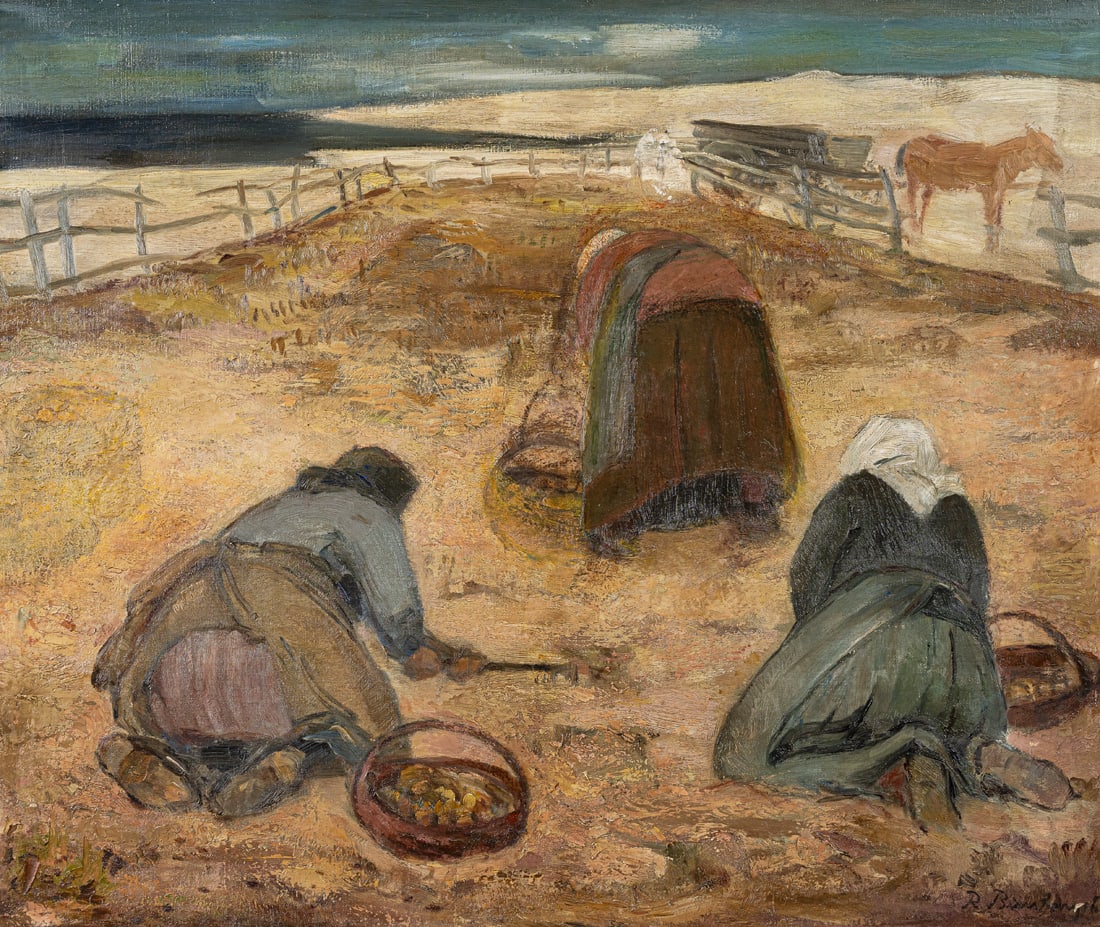 Birnstengel, Richard: Birnstengel, Richard Dresden, 1881 - 1968 55 x 65 cm, R. "Kartoffel-Ernte", c. 1930. Oil on canvas. Signed. Private property, Sachsen-Anhalt. Birnstengel, Richard Dresden, 1881 - 1968 55 x 65 cm, R.