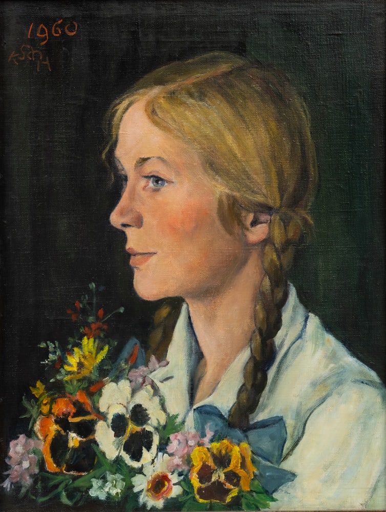 Schaller-Härlin, Käte: Schaller-Härlin, Käte Mangalore, 1877 - Stuttgart, 1971. 43,5 x 33,5 cm, R. Girls with flowers, 1960. Oil on canvas. Monogrammed and dated with oil at the upper left. Private property,
